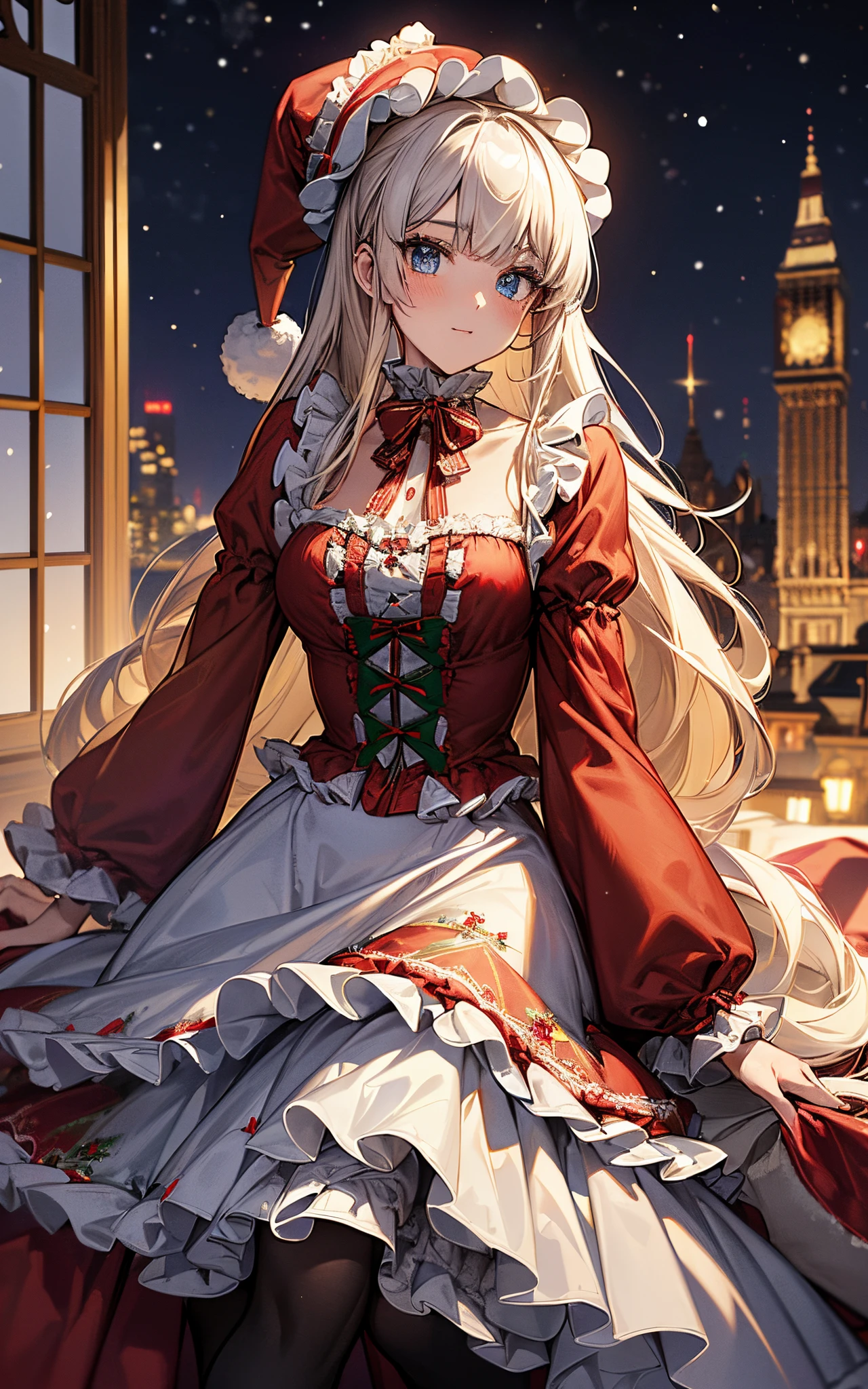 The theme is windows、Perfect human body、christmas night、(((He wore a Santa suit decorated with lots of frills.、victorian santa outfit)))、Beautiful woman、long skirt、hair adornments、kirakira、tights、Crowds、large hat