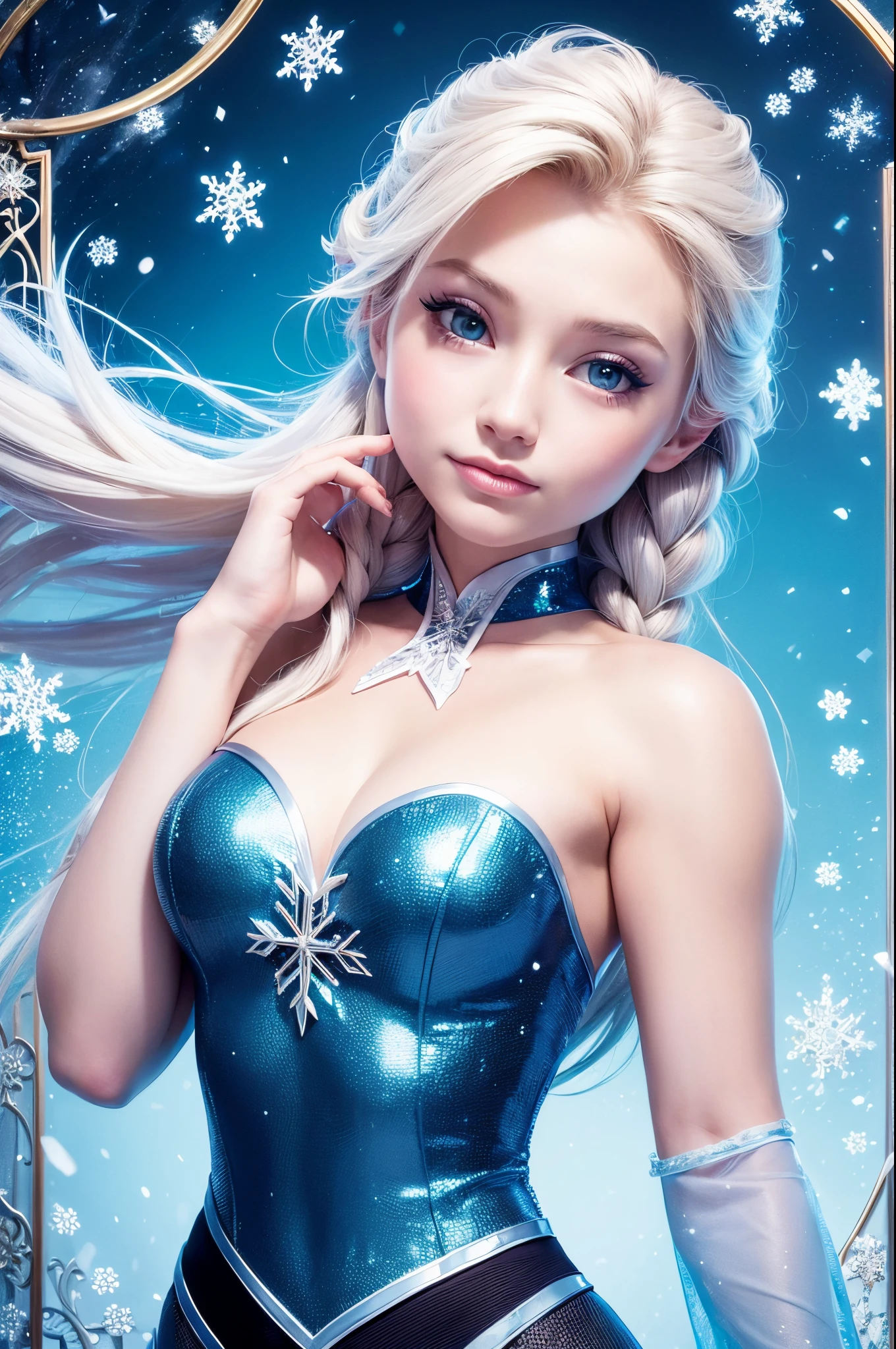 (best quality, masterpiece), 1girl, upper body, looking at the viewer, frozen, Elsa, white background with snowflake pattern