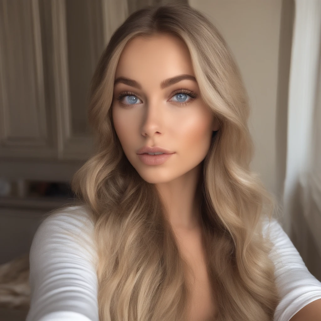 arafed woman fully , with blue eyes, ultra realistic, meticulously detailed, portrait sophie mudd, blonde hair and large eyes, selfie of a young woman, bedroom eyes, violet myers, without makeup, natural makeup, looking directly at the camera, face with artgram, subtle makeup, stunning