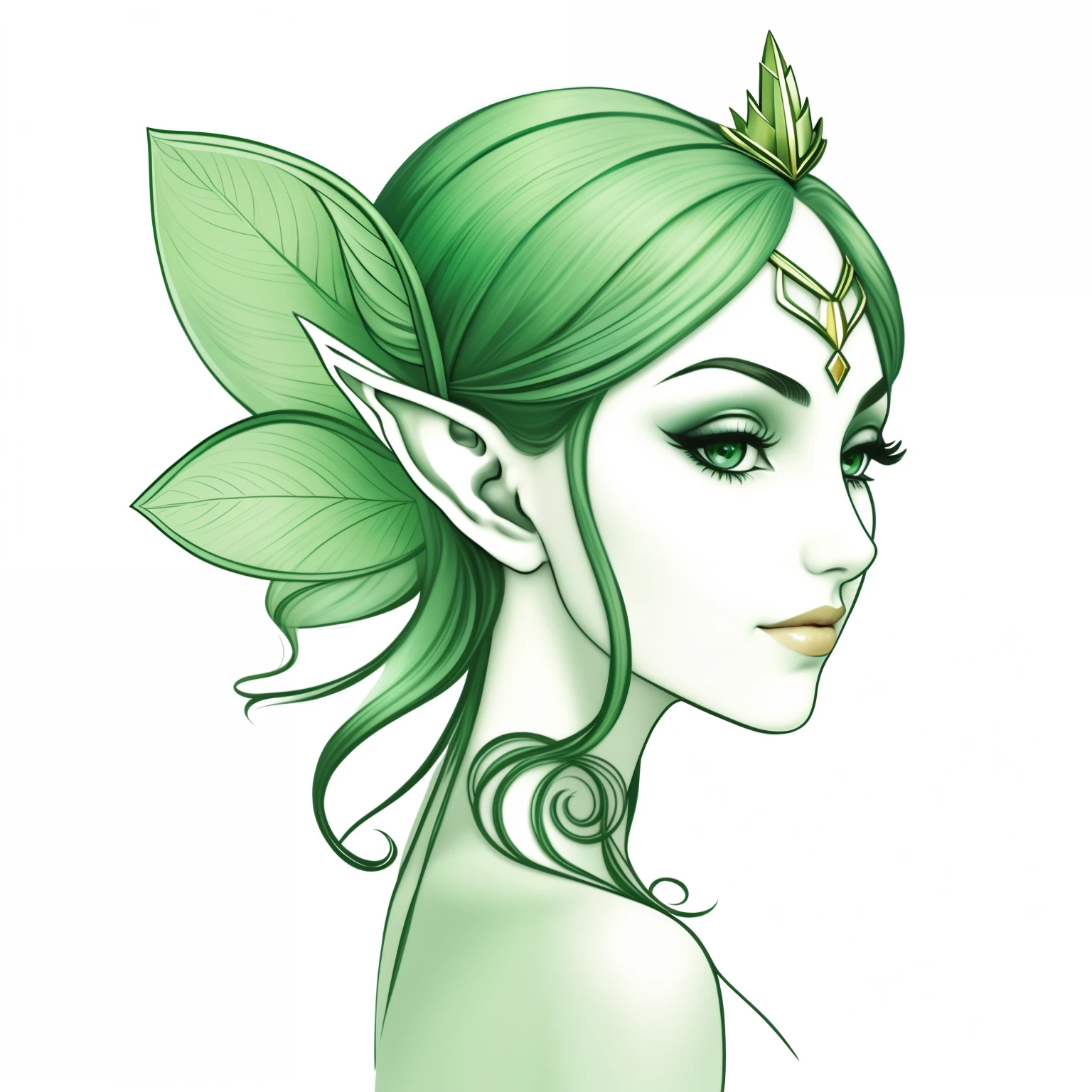 uma mulher virada de frente, com cabelo verde e uma folha no cabelo, Front portrait of elven royalty, Rio, Elven Princess, Retrato de elfo muito bonito, fey queen of the summer forest, elfo feminino bonito e elegante, rainha elfa, Retrato de uma rainha elfa, uma rainha elfa, Menina elfa, Rainha elfa bonita e elegante