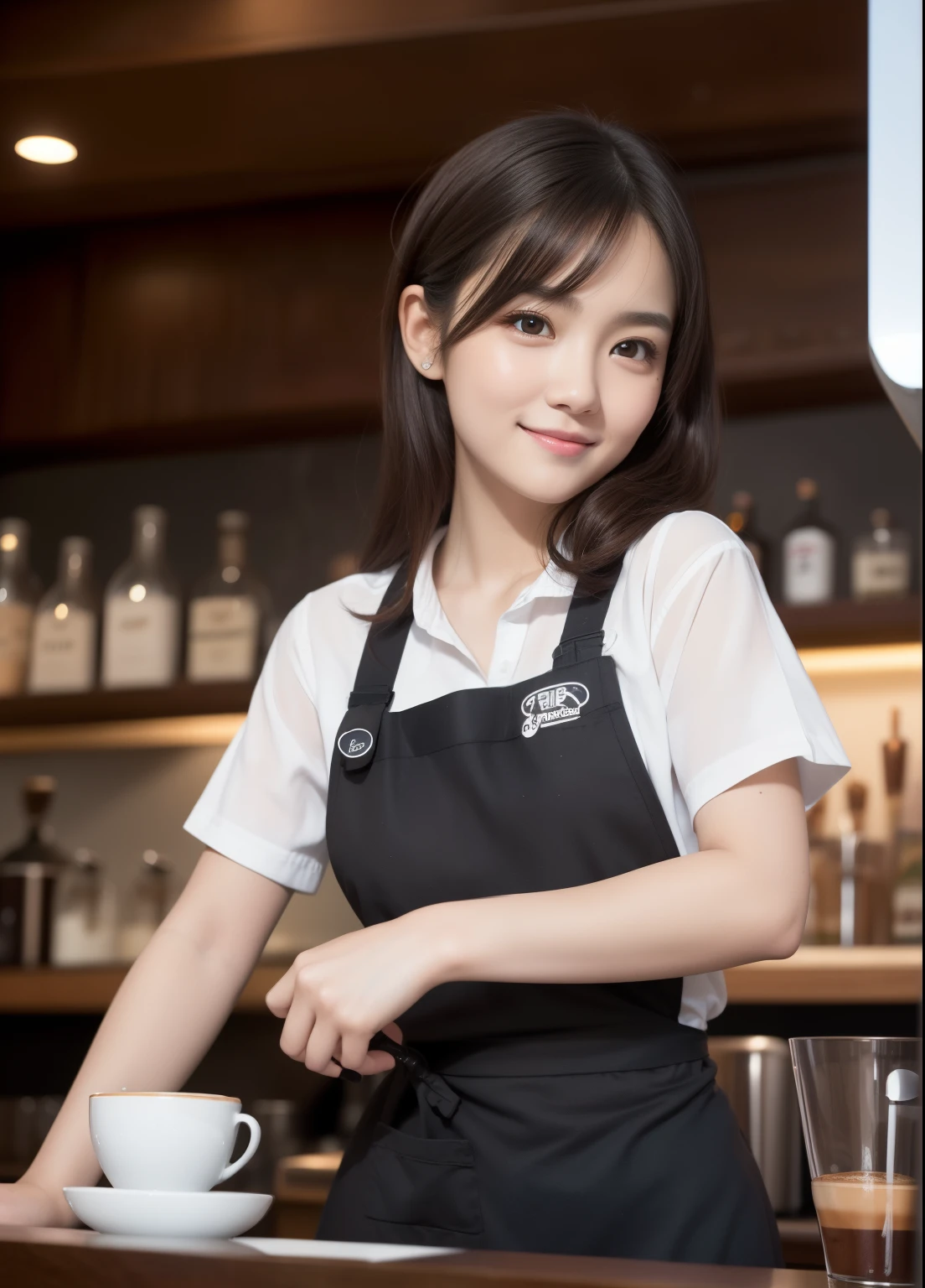 1girl in, Cute face, with round face, baby-face, **** face, (CUBBY:0.9), Medium Hair, a small face, huge-breasted, 18year old, (Girl looking younger:1.1),
Break HA,
Pleasant feelings, happy feeling,
grin, (Cute :1.3), (barista:1.3), (Bartender costumes:1.3),
(Dynamic Angle, Dynamic Pose:1.1), (randome pose, randam angle:1.1),
BREAK,
masutepiece, Best Quality, 8K, Detailed, Detailed face and skin, Hi-Res, Perfect Anatomy, Physically-based rendering, Photorealistic, symmetric clear eyes, Well-groomed face,