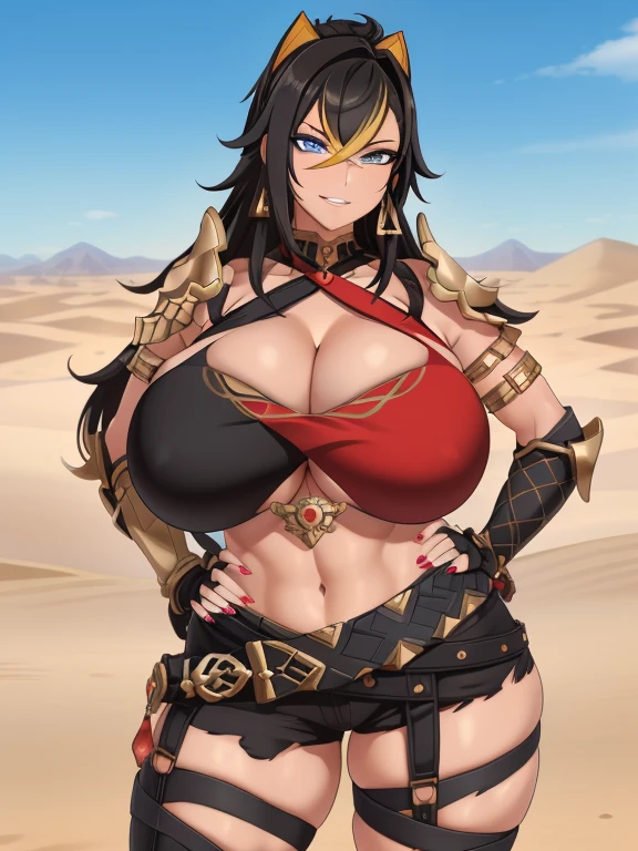 ((masutepiece)), (Best Quality:1.7), (Detailed:1.4), (hight resolution:1.4), 8K, (Colorful:1.5), 2D, High resolution, Sharp Images, Raw photo, Dehya_Genshin, 1girl in, (((Solo))), Black hair, Long hair, Blue eyes, big eye、A smile, middle body, Blonde bangs, Cat eariddle body)), Black pants, Shirt,Torn clothes, Cowboy Shot, (((Jewelry))), Black Gloves, (((armor))), thighs thighs thighs thighs, 鎖骨, Official Custom Rep, Armor Choker, A desert, cleavage, Parted lips, striated hair, Midriff, Hair intake, dark skinned female, halterneck, armlet, Black Gloves, ((criss-cross halter)), Torn clothes, Belt bag, Red Nails, nail polish, (((Armor Armlet))), fingerless glove, Two-tone breasted, ((thighs thighs thighs thighs)), angry, Serious, closes mouth, Narrow eyes, eye line, ((Looking at Viewer)), Red chest, ((Bare legs)), Sunset, Gloves with claws, hand on own hip, (((shoulder armer))), Armor Bracelet, Belt Armor, (earrings), Gold Chain, ornaments,tmasterpiece,Hands were hoisted,The kinky exposed ,(Surreal breasttremely full breasts)),((Super large)),Big breasts Thin waist,(((Extremely large breasts))),seductiv,High detail,hyper qualit,high resolution,8K,8k smooth,(reality: 1.2),(Highly realistic, Ultra-realistic, photograph realistic),(Realism: 1.2),Solo,(Perfect feminine curveig breasts:2),(Huge breasts:2),(gigantic cleavage breasts:2),(Large breasts:2),(Bare tits:1.4),(chiseled abs : 1.1),Nice strong legs,(Curvy:1.1),Narrow waist,(gigantic hip:1),(Thick thighs:1),(Thick legs:1)