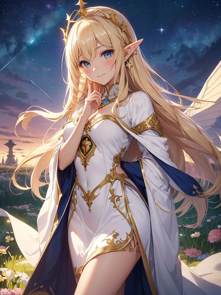 top-quality、Top image quality、masterpiece、Super beautiful fairy girl((24 year old、Best Bust、big bast、Bust 90,beautiful blonde long ironed hair、A slender、a closeup、Esbian、beautiful tiara、hiquality、Beautiful Art、Background with((starrysky)))masutepiece、visualart、depth of fields、low angle of morning sky、、Elven ears、、light magic、space night、harp melody🎵、Happy smile、Gentle light、、Beautiful and skin-friendly legs、、、Number of fingers to achieve precise finger movements、ticker beautiful dress、elegent、Mystical 、the woods、 field under the flower garden、Marble columns bring light to the world of beautiful dressery!prayer of hope🙏、