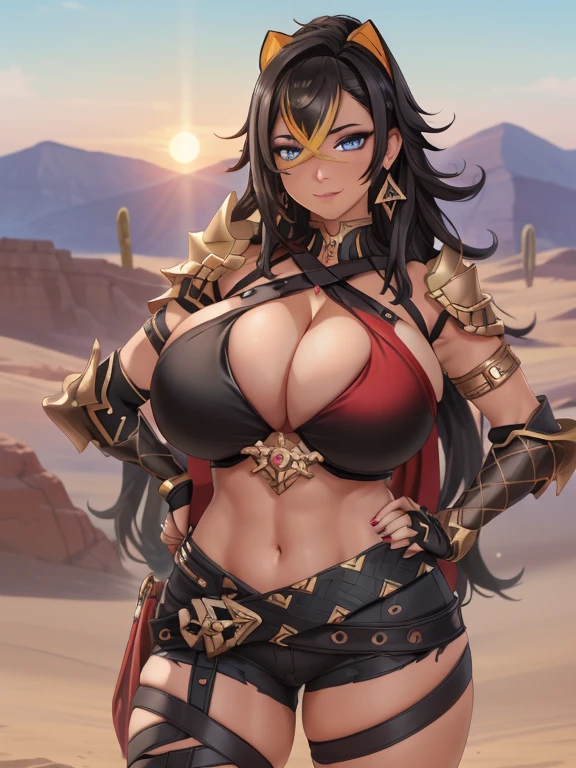 ((masutepiece)), (Best Quality:1.7), (Detailed:1.4), (hight resolution:1.4), 8K, (Colorful:1.5), 2D, High resolution, Sharp Images, Raw photo, Dehya_Genshin, 1girl in, (((Solo))), Black hair, Long hair, Blue eyes, big eye、A smile, middle body, Blonde bangs, Cat eariddle body)), Black pants, Shirt,Torn clothes, Cowboy Shot, (((Jewelry))), Black Gloves, (((armor))), thighs thighs thighs thighs, 鎖骨, Official Custom Rep, Armor Choker, A desert, cleavage, Parted lips, striated hair, Midriff, Hair intake, dark skinned female, halterneck, armlet, Black Gloves, ((criss-cross halter)), Torn clothes, Belt bag, Red Nails, nail polish, (((Armor Armlet))), fingerless glove, Two-tone breasted, ((thighs thighs thighs thighs)), closes mouth, Narrow eyes, eye line, ((Looking at Viewer)), Red chest, ((Bare legs)), Sunset, Gloves with claws, hand on own hip, (((shoulder armer))), Armor Bracelet, Belt Armor, (earrings), Gold Chain, ornaments,tmasterpiece,Hands were hoisted,The kinky exposed ,(Surreal breasttremely full breasts)),((Super large)),Big breasts Thin waist,(((Extremely large breasts))),seductiv,High detail,hyper qualit,high resolution,8K,8k smooth,(reality: 1.2),(Highly realistic, Ultra-realistic, photograph realistic),(Realism: 1.2),Solo,(Perfect feminine curveig breasts:2),(Huge breasts:2),(gigantic cleavage breasts:2),(Large breasts:2),(Bare tits:1.4),(chiseled abs : 1.1),Nice strong legs,(Curvy:1.1),Narrow waist,(gigantic hip:1),(Thick thighs:1),(Thick legs:1)