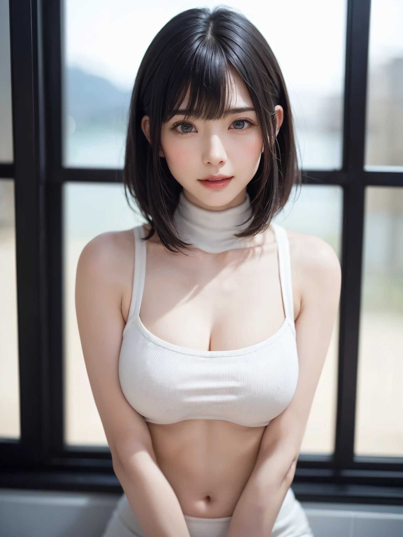 (masutepiece, top-quality、face focus focus、Armpit focus、navel focus、decolletage focus、Very attractive beauty、Add intense highlights to the eyes、Look firmly at the camera:1.4、A beautiful woman full of charm、Ideal ratio body proportions、Perfect Anatomy、Brunette Short Bob Hair、Lustrous hair、bangss:1.4、46 point shiny bangs:1.4、lipgloss),1girl in, report, Light brown shiny hair, muffler,realisitic, looking at the viewers、Tilt your head slightly, Bright colored crystal light blue eyes, short shiny hair、 White turtleneck outfit with a hole in the center of the chest,Sexy white turtleneck knit sweater with a round hole in the middle of the chest、 s lips, lipgloss, The upper part of the body、big eye、Lashes、A little red in the face、Embarrassing)、((Italian winter window scenery))、((short hair with big eyes、Put very strong highlights in your students、{Gigantic|Big|Huge|Mega} breasts:1.4、beautiful deep valley、very Bigger breasts:1.4、gazing at viewer、Very beautiful beauty、Put your ears out、Long and beautiful Zhu Lake 1.4、、smil、Happy:1.4、Beautiful teeth、Open your mouth and laugh、Very cute smile、Heart-shaped pupil))、28 year old、Very cute supermodel、(((bangss、shiny bangs)))