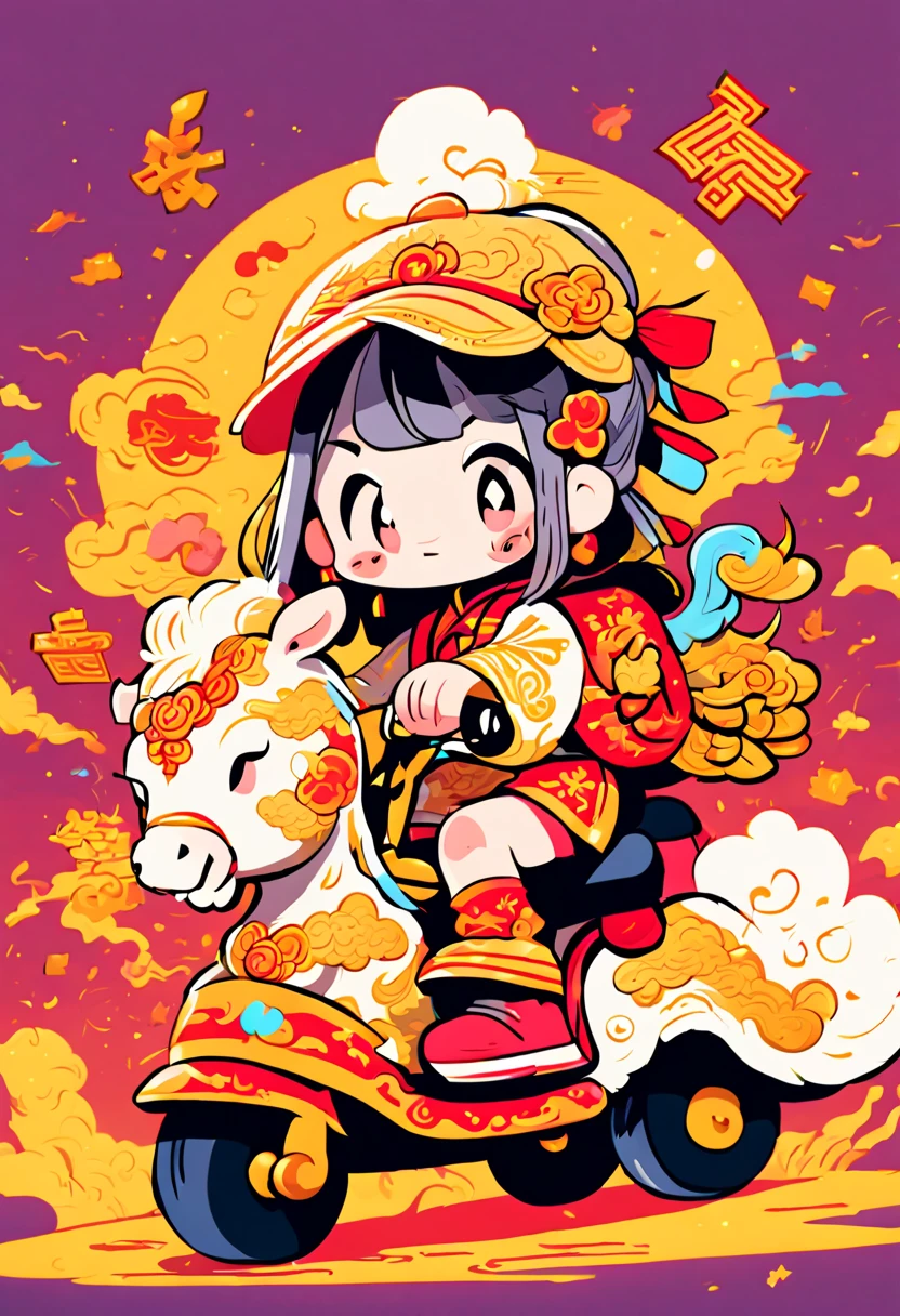 cute doodle, (((Vector illustration style))),(Chinese - chic Chinese mythological God of Wealth, anatomically correct, oriental elements), (A lovely God of Wealth,Riding an e-bike,Backpack packed with gold ingots,Treasures follow), (Chinese Colors, Advanced Color Matching, Gradient Background, White Background: 1.5), (Very Detailed, Well Designed, Clear Lines, High Definition, Best Quality, Masterpiece, Official Art, Cinematic Lighting Effects, 8K), (whole body: 1.5), ((Chinese element background,Auspicious cloud background)), (pov, first-person view, Ghibli-like colours, Luminism, cinematic lighting, UHD, masterpiece, ccurate, anatomically correct, textured skin, super detail, high details, high quality, award winning, best quality, 16k)