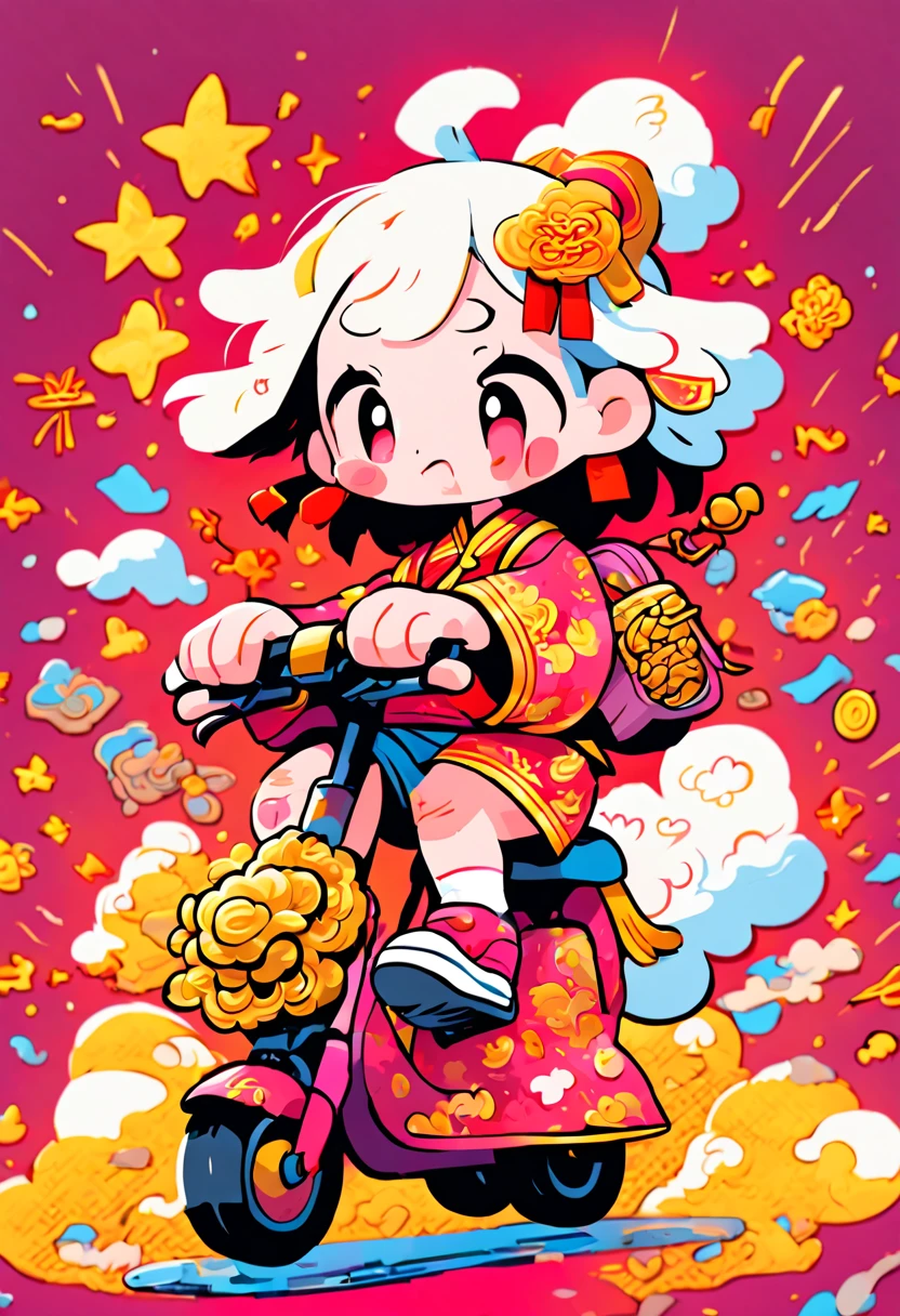 cute doodle, (((Vector illustration style)))，(Chinese - chic Chinese mythological God of Wealth, anatomically correct, oriental elements), (A lovely God of Wealth，Riding an e-bike，Backpack packed with gold ingots，Treasures follow), (Chinese Colors, Advanced Color Matching, Gradient Background, White Background: 1.5), (Very Detailed, Well Designed, Clear Lines, High Definition, Best Quality, Masterpiece, Official Art, Cinematic Lighting Effects, 8K)， (whole body: 1.5), ((Chinese element background，Auspicious cloud background)), (pov, first-person view, Ghibli-like colours, Luminism, cinematic lighting, UHD, masterpiece, ccurate, anatomically correct, textured skin, super detail, high details, high quality, award winning, best quality, 16k)