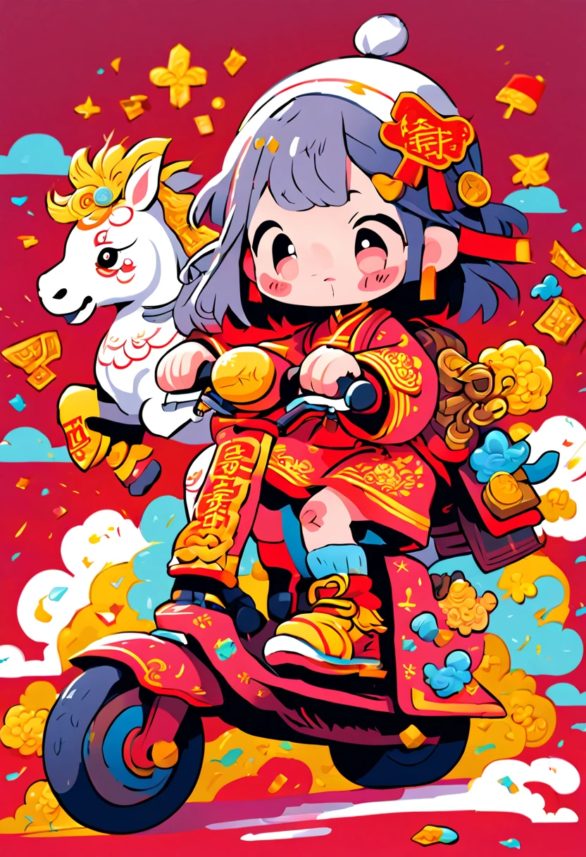 cute doodle, (((Vector illustration style)))，(Chinese - chic Chinese mythological God of Wealth, anatomically correct, oriental elements), (A lovely God of Wealth，Riding an e-bike，Backpack packed with gold ingots，Treasures follow), (Chinese Colors, Advanced Color Matching, Gradient Background, White Background: 1.5), (Very Detailed, Well Designed, Clear Lines, High Definition, Best Quality, Masterpiece, Official Art, Cinematic Lighting Effects, 8K)， (whole body: 1.5), ((Chinese element background，Auspicious cloud background)), (pov, first-person view, Ghibli-like colours, Luminism, cinematic lighting, UHD, masterpiece, ccurate, anatomically correct, textured skin, super detail, high details, high quality, award winning, best quality, 16k)