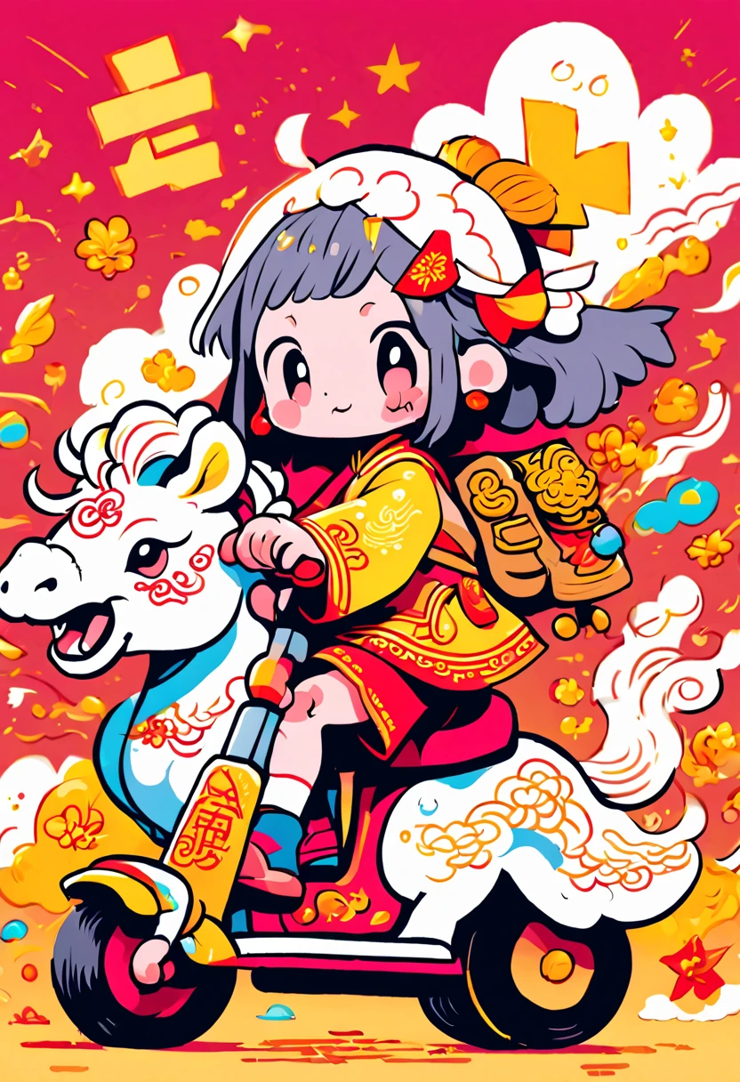 cute doodle, (((Vector illustration style))),(Chinese - chic Chinese mythological God of Wealth, anatomically correct, oriental elements), (A lovely God of Wealth,Riding an e-bike,Backpack packed with gold ingots,Treasures follow), (Chinese Colors, Advanced Color Matching, Gradient Background, White Background: 1.5), (Very Detailed, Well Designed, Clear Lines, High Definition, Best Quality, Masterpiece, Official Art, Cinematic Lighting Effects, 8K), (whole body: 1.5), ((Chinese element background,Auspicious cloud background)), (pov, first-person view, Ghibli-like colours, Luminism, cinematic lighting, UHD, masterpiece, ccurate, anatomically correct, textured skin, super detail, high details, high quality, award winning, best quality, 16k)