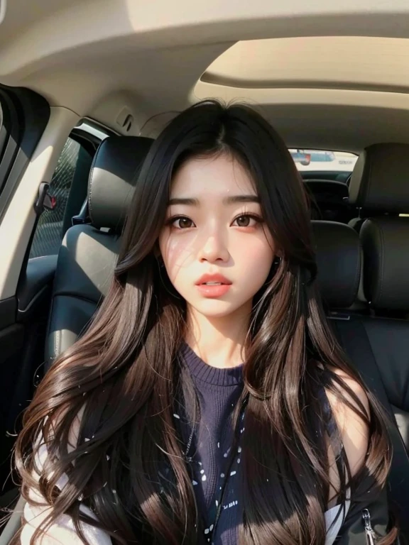 um close up de uma mulher sentada em um carro com cabelos longos, Ulzzang, Mulher sul-coreana bonita, menina coreana, young adorable korean face, wan adorable korean face, maquiagem sul-coreana popular, Jaeyeon Nam, maquiagem coreana popular, linda mulher coreana jovem, Jinyoung Canela, korean face features, beautiful aesthetic face, mulher coreana jovem bonita, com rosto redondo