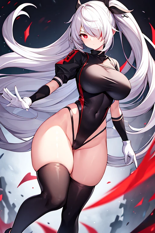 1girl, hair over one eye, one-eye covered, red eyes, white hair, long glowing eyes, leotard, black leotard, belt, white gloves, large breasts, breasts, shoes, sneakers, wide hips, serious