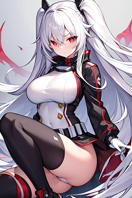 1girl, hair over one eye, one-eye covered, red eyes, white hair, long glowing eyes, leotard, black leotard, belt, white gloves, large breasts, breasts, shoes, sneakers, wide hips, serious