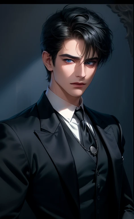 (masterpiece,best quality,ultra_detailed,highres,absurdres),1 mature male, 30-ish, (wide shoulder), (muscular), male focus, solo, short black Quiff hair with Soft Fringe (bangs part on side 3:7 ratio), Dressed like an Arabian king, background, blue eyes, upper body, vest, short hair, looking at viewer, no smile face, parted lips, collared shirt, round eyewear, long sleeves, hand on own shoulder, black shirt, blue background, white vest, monocle, jewelry.