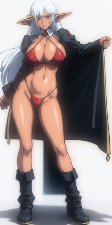 full body standing woman, white background, white hair, long messy hair, black elf skin, red bikini, SFW