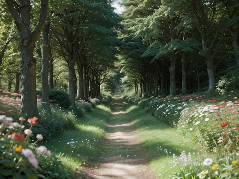 Un forêt avec beaucoup des fleurs, Ghibli style