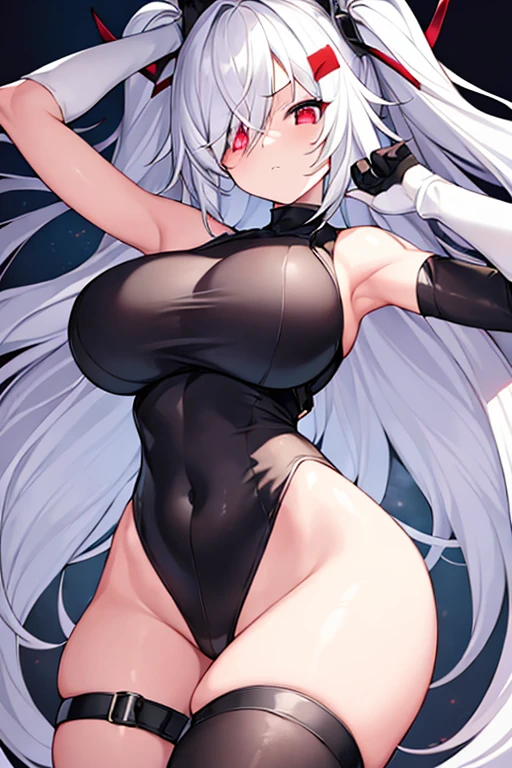 1girl, hair over one eye, one-eye covered, red eyes, white hair, long glowing eyes, leotard, black leotard, belt, white gloves, large breasts, breasts, shoes, sneakers, wide hips, serious