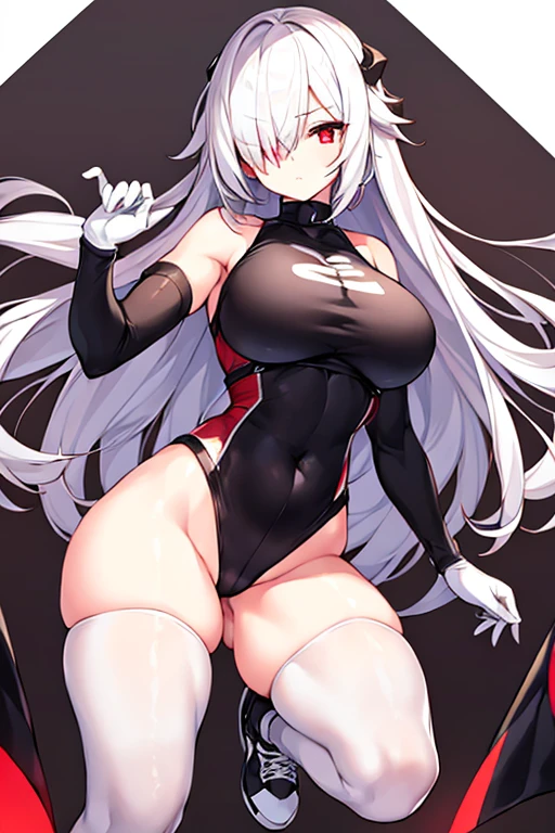 1girl, hair over one eye, one-eye covered, red eyes, white hair, long glowing eyes, leotard, black leotard, belt, white gloves, large breasts, breasts, shoes, sneakers, wide hips, serious