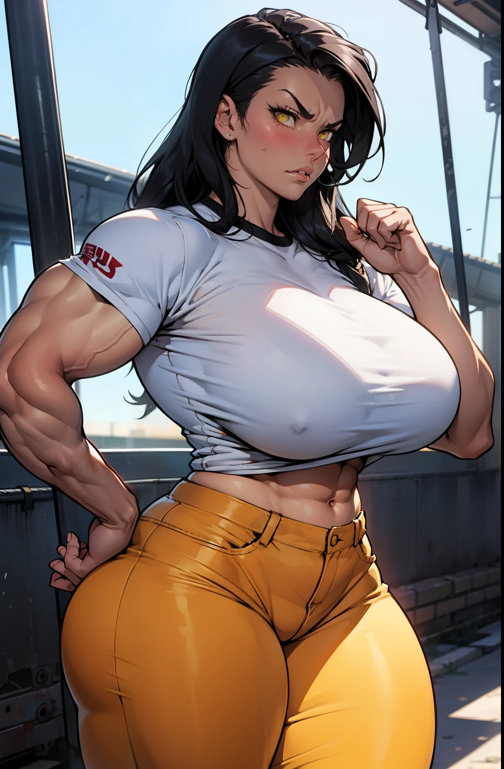 1girl, extremely long hair, solo, ((muscular)), veins, black hair, yellow eyes, blushing, thick thighs, pale skin, strong, veins, abs, big thighs, huge breasts, navel, standing, angry, tight pants, tight shirt thick thick thick thick thick thick thick thick thick thick thick thick thick thick thick thick thick thick thick thick thick thick thick thick thick thick thick thick thick thick thick thick thick thick thick thick thick thick thick thick thick thick thick thick thick thick thick thick thick thick thick thick thick thick thick thick thick thick thick thick thick thick thick thick thick thick thick thick thick thick thick thick
