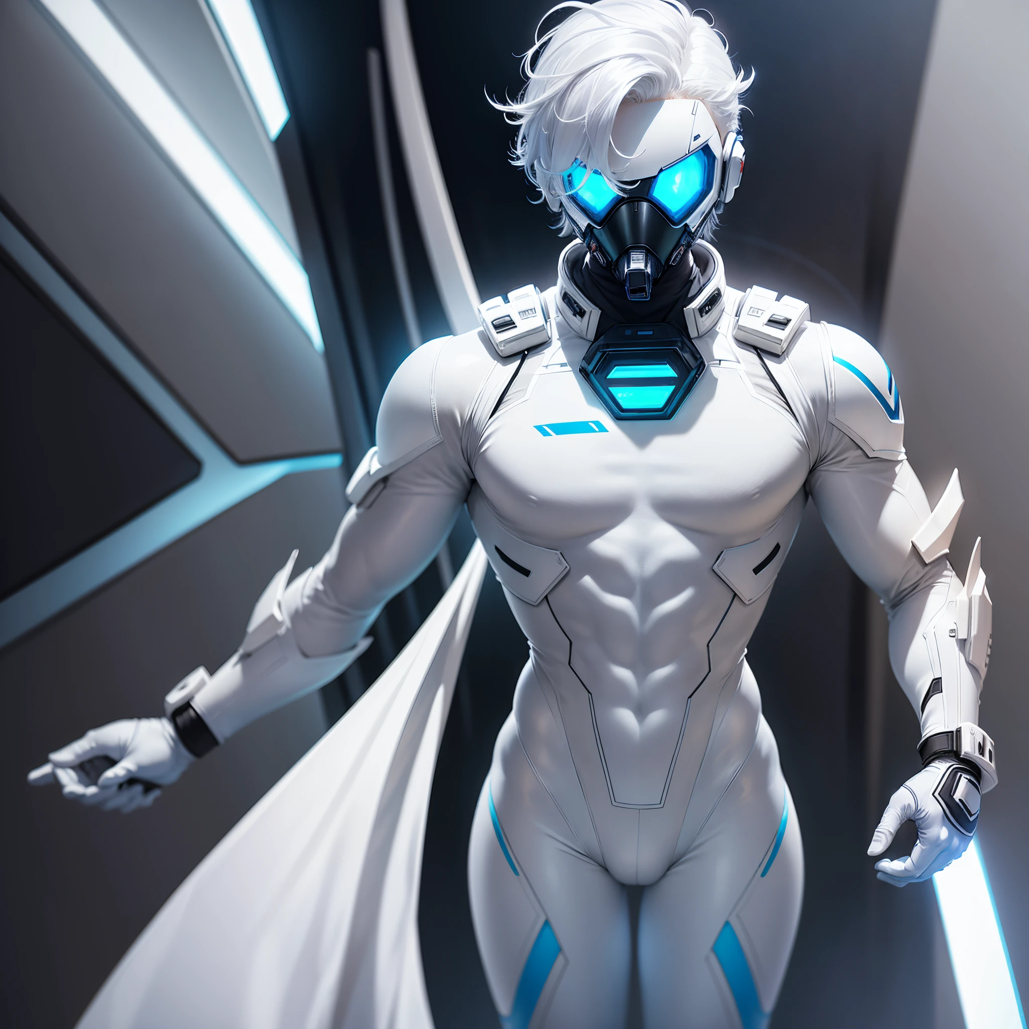 body suit, white and blue suit, futuristic suit, white gauntlets, white gloves, white hands, skin tight bodysuit, toned male, teenager, young male, futuristic gas mask and vizor, bodysuit, futuristic, sci fi, hands seen, hair visible, solo male, full body seen, white hair,