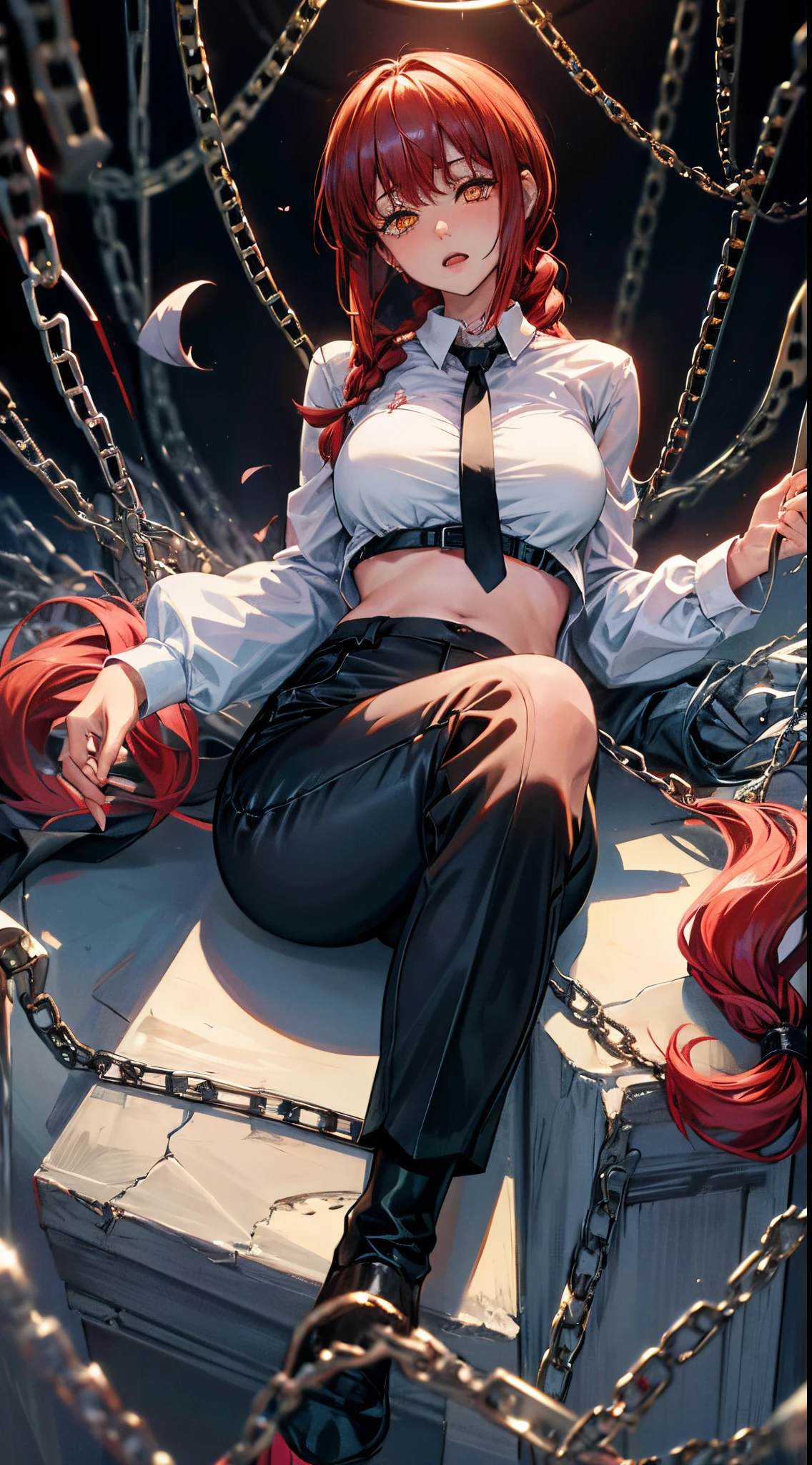 Raise your legs and hang in the air,Expose the soles of your feet、Lie down with your hips turned away、soles of feet、M-shaped legs、Woman opening her legs、Clothes melting、master piece、1人、独奏、Braids、Torn clothes、Handcuffs、Chains、a navel、Tearack arms:1.2)、shibari、Chains、heart - shaped pupils、Scream、Hand flail、Flail、Ruined restroom、red hair、White shirt、black necktie、Black pants
