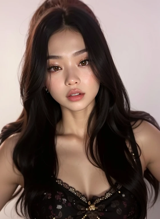 um close up de uma mulher com longos cabelos pretos usando um vestido preto, Jennie Blackpink, an Asian woman, Asian girl, Beautiful Asian girl, Beautiful Asian woman, Asian girl with long hair, gorgeous chinese model, Mai Anh Tran, Asian women, Asian face, basia tran | |, Retrato Sophie Mudd, a young asian woman, Asian woman, imagem vazada