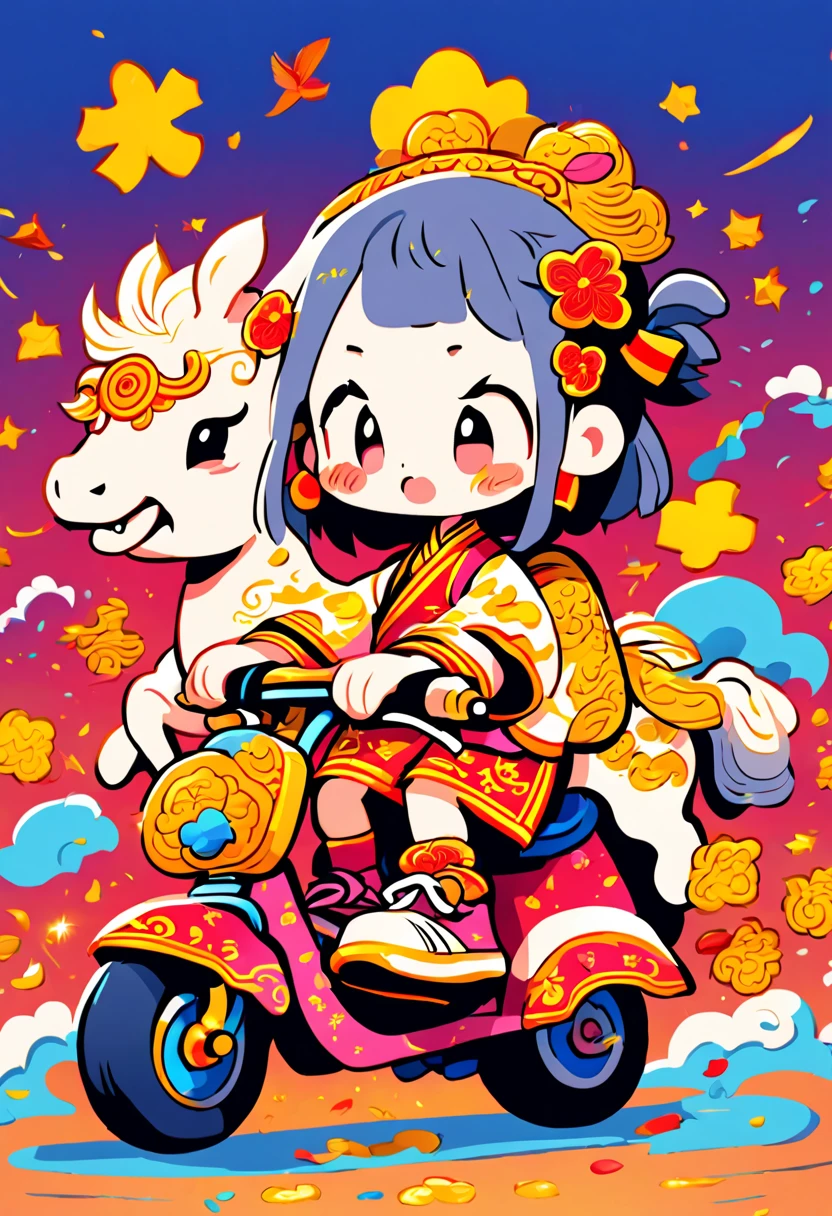 cute doodle, (((Vector illustration style))),(Chinese - chic Chinese mythological God of Wealth, anatomically correct, oriental elements), (A lovely God of Wealth,Riding an e-bike,Backpack packed with gold ingots,Treasures follow), (Chinese Colors, Advanced Color Matching, Gradient Background, White Background: 1.5), (Very Detailed, Well Designed, Clear Lines, High Definition, Best Quality, Masterpiece, Official Art, Cinematic Lighting Effects, 8K), (whole body: 1.5), ((Chinese element background,Auspicious cloud background))