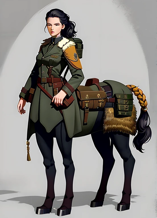 masterpiece, best quality, woman, centaur,extemely detailed,looking at viewer,,tall,full body,1girl,solo,military,tactical coat,belt,backpack,saddle bag ,long boots