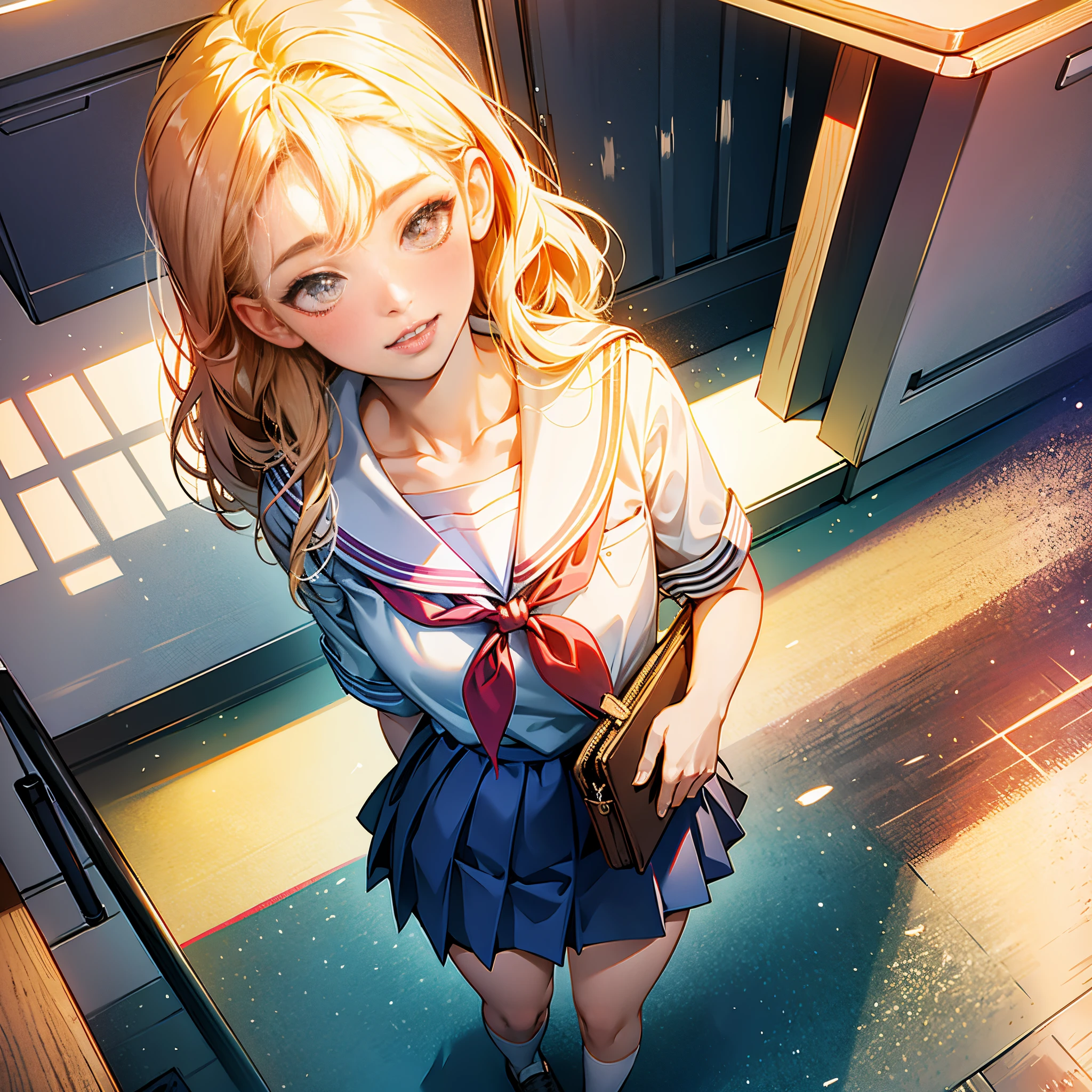POV, from above, full body,1girl, parted lips, blush, makeup, light smile, school uniform, classroom, school bag, light rays, glow, thighs, collarbone, narrow waist, (masterpiece), wallpaper,