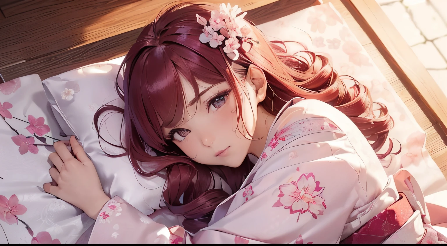 ((tmasterpiece, Best quality at best, Cinematic, realisticlying, ultra - detailed)), ((中景 the scene , from the above)), ((perverted gal)), ((the body of the, perfect anatomia, )), ((Lustrous red skin, )), ((Perfect hands)), (()), ((long and round legine and shiny hair, Vibrant crimson hair, Loose wavy hairstyle), ((Wearing a silk kimono with various pink and white cherry blossom patterns, Fabric flows gracefully, The belt intricately knotted with delicate knots)), (A delicate silver barrette with a cherry blossom pattern secures a small section of her hair), (( lewd poses, lying face down))