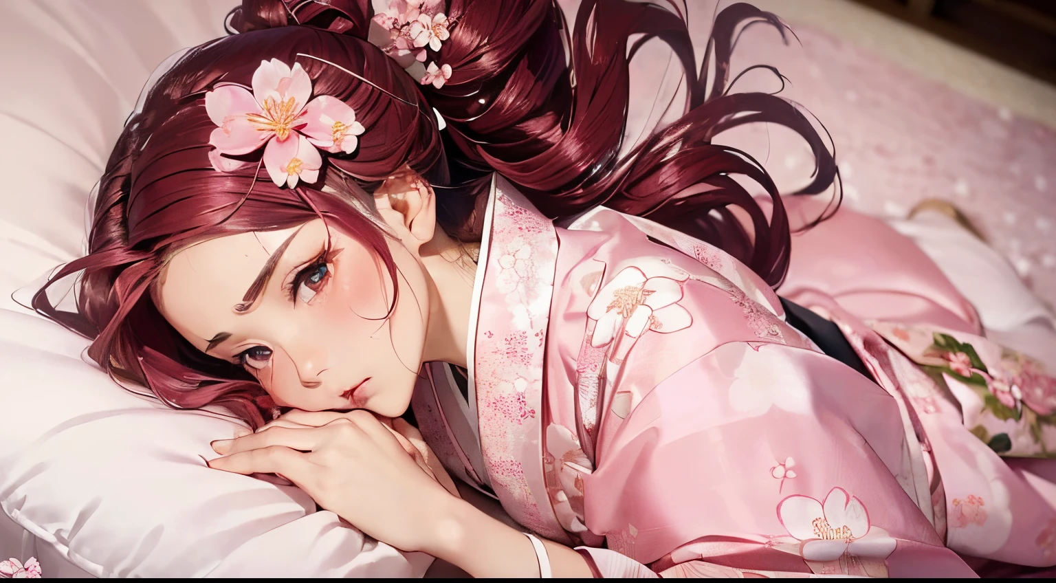 ((tmasterpiece, Best quality at best, Cinematic, realisticlying, ultra - detailed)), ((中景 the scene , from the above)), ((perverted gal)), ((the body of the, perfect anatomia, )), ((Lustrous red skin, )), ((Perfect hands)), (()), ((long and round legine and shiny hair, Vibrant crimson hair, Loose wavy hairstyle), ((Wearing a silk kimono with various pink and white cherry blossom patterns, Fabric flows gracefully, The belt intricately knotted with delicate knots)), (A delicate silver barrette with a cherry blossom pattern secures a small section of her hair), (( lewd poses, lying face down))