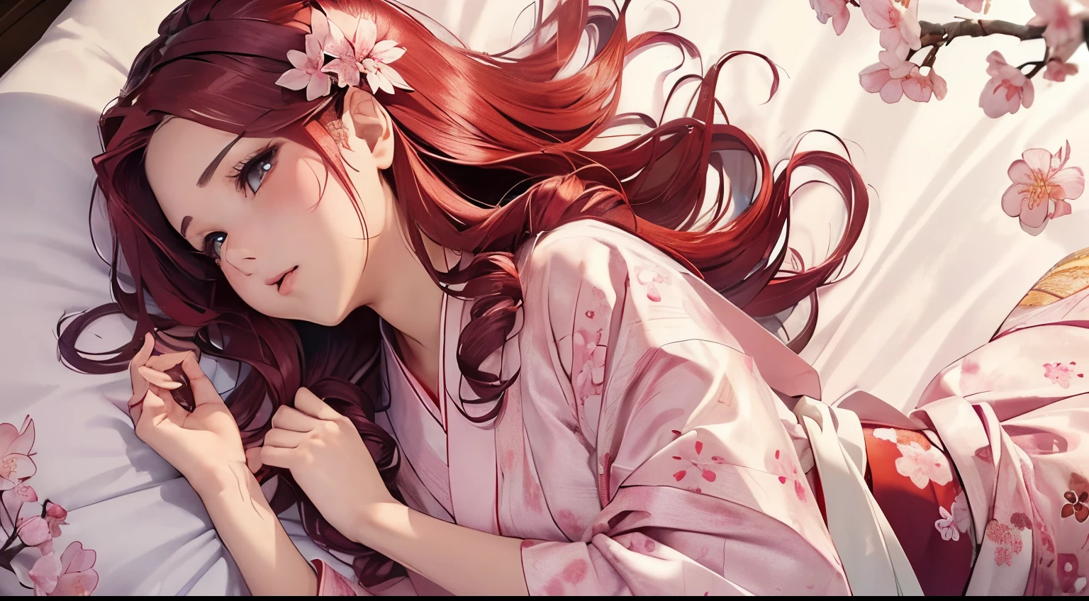 ((tmasterpiece, Best quality at best, Cinematic, realisticlying, ultra - detailed)), ((中景 the scene , from the above)), ((perverted gal)), ((the body of the, perfect anatomia, )), ((Lustrous red skin, )), ((Perfect hands)), (()), ((long and round legine and shiny hair, Vibrant crimson hair, Loose wavy hairstyle), ((Wearing a silk kimono with various pink and white cherry blossom patterns, Fabric flows gracefully, The belt intricately knotted with delicate knots)), (A delicate silver barrette with a cherry blossom pattern secures a small section of her hair), (( lewd poses, lying face down))