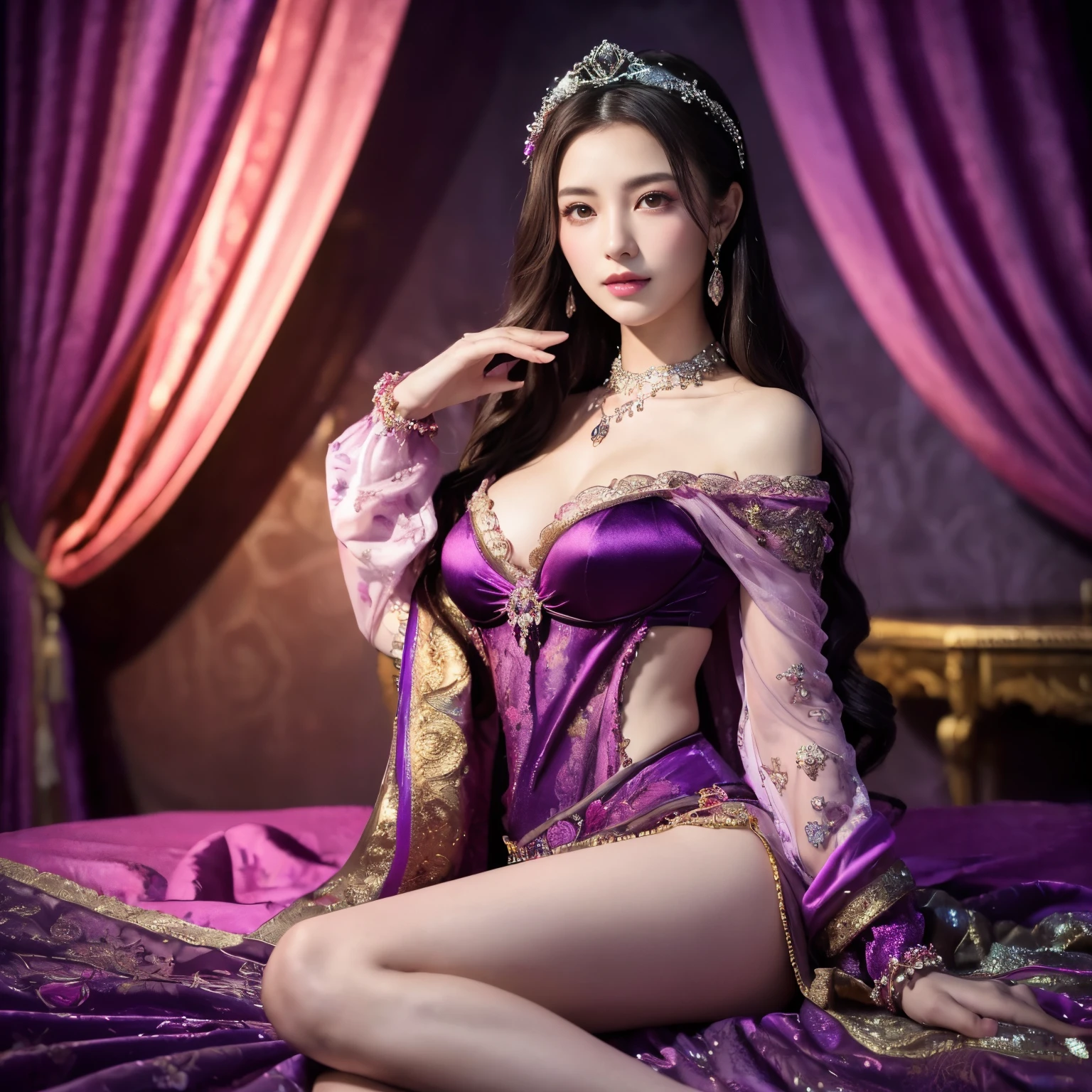 (top-quality、masutepiece、8K、Top image quality、Highly complex and detailed depictions)、one prostitute goddess、Ultimate luxury with everything you can imagine、most gorgeous goddess costume、(Surrounded by pink and purple curtains:1.3)、Sitting on a big bed、(Background completely surrounded by curtains:1.3)、(blurry backround:1.5)、(Very romantic atmosphere:1.3)、The background is pink and purple and very gorgeous.、A smile staring at me、Upper body photo、Sit on the most gorgeous bed、Lots of pink and purple decorations、artistic décor、(Warm moody lighting:1.5)、(Tindall Effect:1.2)、(Studio Lighting:1.5)、(softlighting:1.2)、(Very elegant and luxurious lighting:1.1)、spectacular movie lighting、Large amount of jewelry decoration、The most luxurious and huge tiara、giant pink and purple costume、pink and purple big sleeves、Very complex decoration、royal、Frontal close-up、Front composition、(accurate anatomy:1.2)、(Sit facing the front:1.1)、Symmetrical composition、big nice bed、(moody dark room:1.3)、(Highly complex and detailed textures:1.2)、(Accurate and perfect seating position:1.5、(a high chroma:1.2)