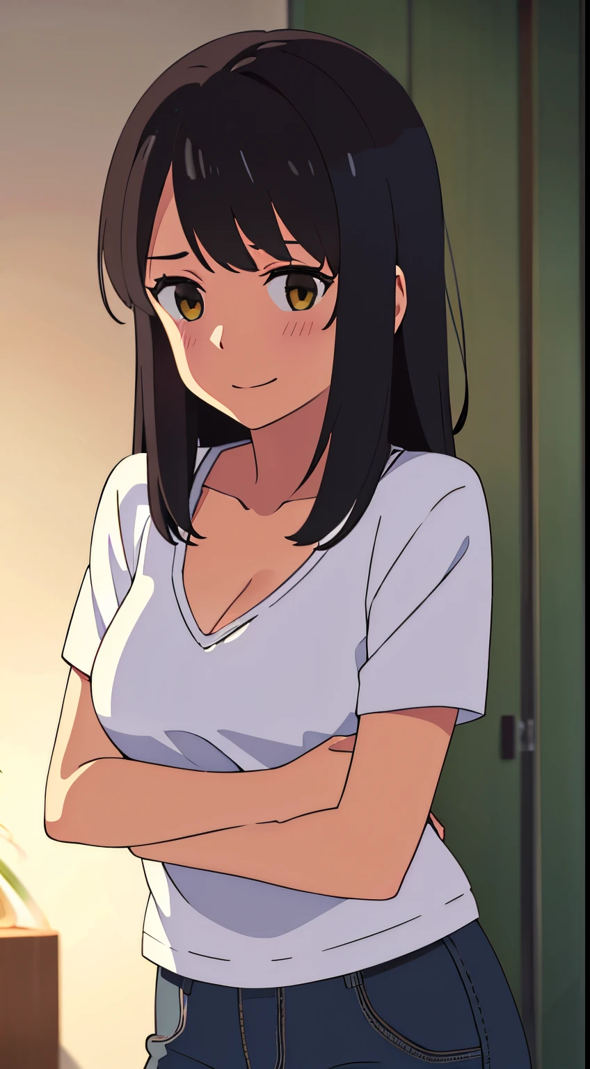 masterpiece, best quality, intricate details, hyper detail, sharp detail, detailed, highres, intricate details, shinkai makoto, kimi no na wa., 1girl, bangs, black hair,long hair, blush, bright eyes, brown eyes, looking at the viewer, short sleeve yellow shirt, white pants, cleavage, medium breasts, solo, happy face, upper body, indoors, apartment room, living room, lamp, night,