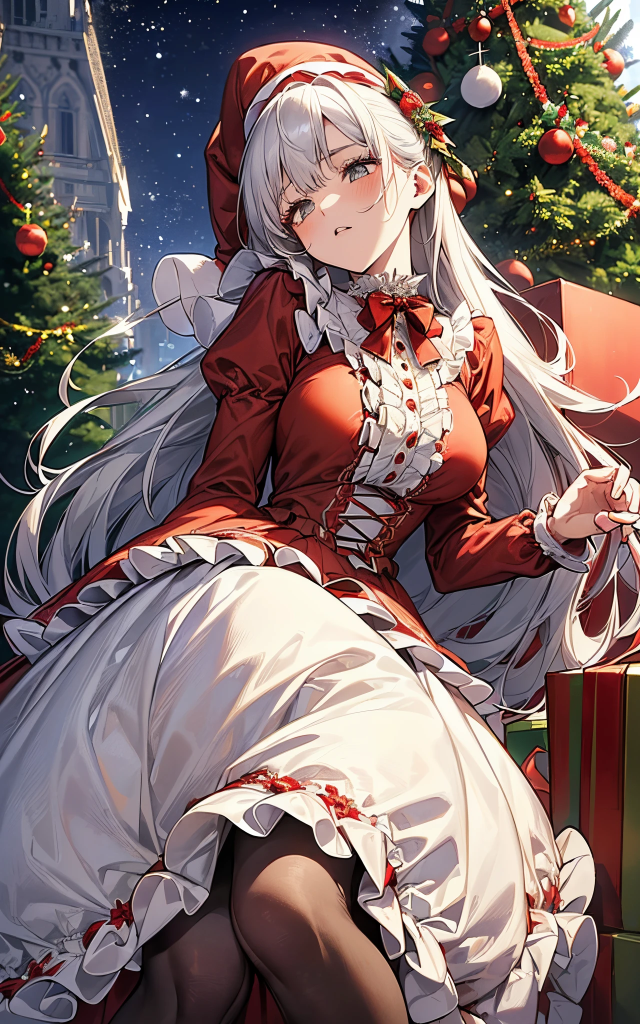 Composition seen from a low position、Perfect human body、christmas night、(((He wore a Santa suit decorated with lots of frills.、victorian santa outfit)))、One lady、
(((Looking up at the huge Christmas tree)))、
(long  skirt)、hair adornments、kirakira、tights、Falling snow、large hat、