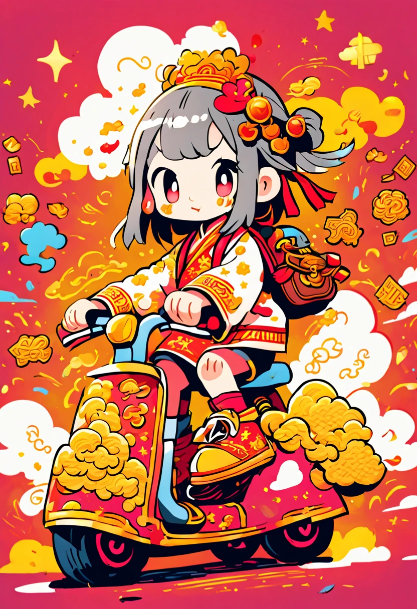cute doodle, (((Vector illustration style))),(Chinese - chic Chinese mythological God of Wealth, anatomically correct, oriental elements), (A lovely God of Wealth,Riding an e-bike,Backpack packed with gold ingots,Treasures follow), (Chinese Colors, Advanced Color Matching, Gradient Background, White Background: 1.5), (Very Detailed, Well Designed, Clear Lines, High Definition, Best Quality, Masterpiece, Official Art, Cinematic Lighting Effects, 8K), (whole body: 1.5), ((Chinese element background,Auspicious cloud background))