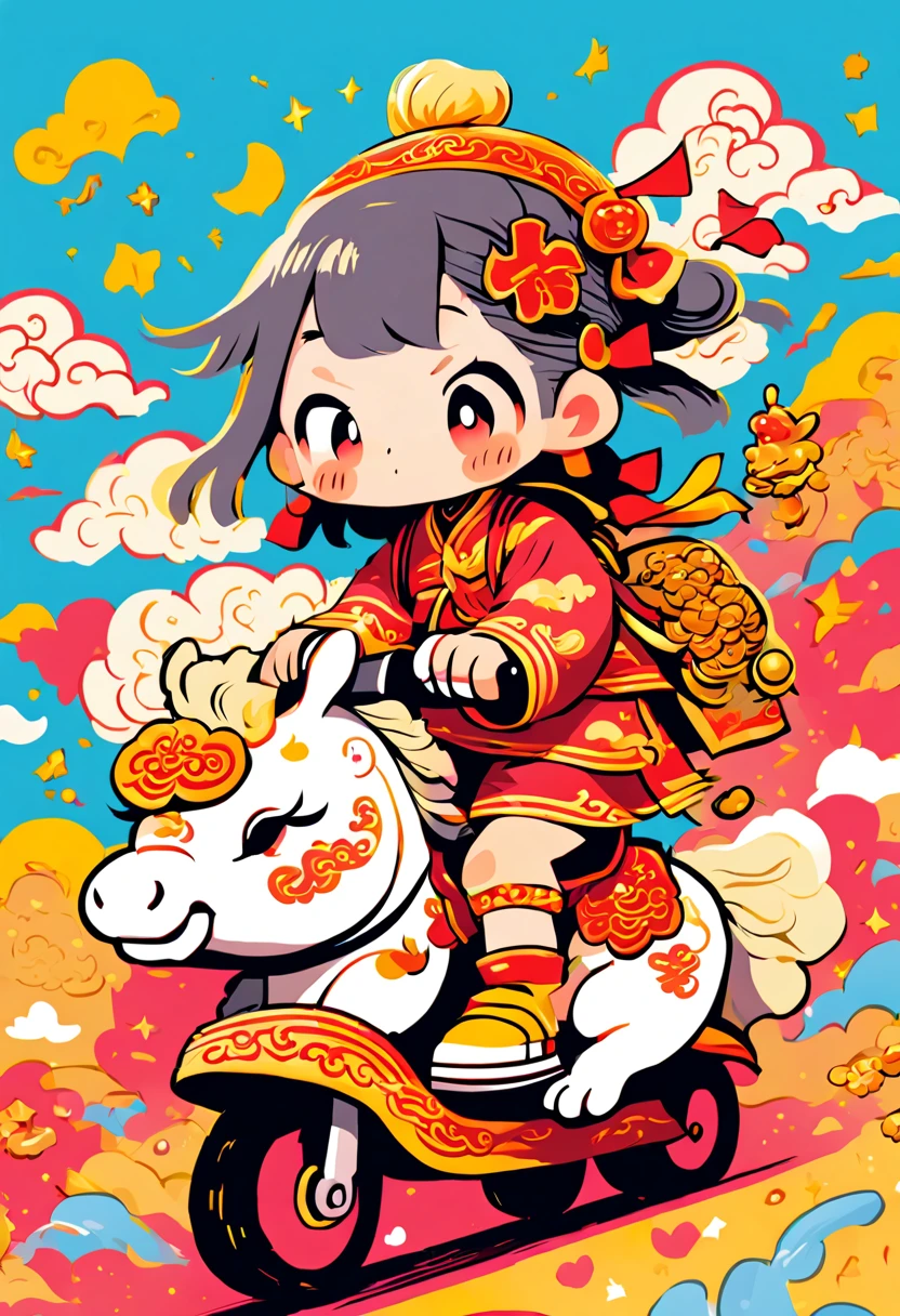 cute doodle, (((Vector illustration style))),(Chinese - chic Chinese mythological God of Wealth, anatomically correct, oriental elements), (A lovely God of Wealth,Riding an e-bike,Backpack packed with gold ingots,Treasures follow), (Chinese Colors, Advanced Color Matching, Gradient Background, White Background: 1.5), (Very Detailed, Well Designed, Clear Lines, High Definition, Best Quality, Masterpiece, Official Art, Cinematic Lighting Effects, 8K), (whole body: 1.5), ((Chinese element background,Auspicious cloud background))