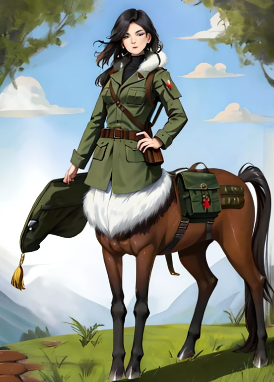masterpiece, best quality, woman, centaur,extemely detailed,looking at viewer,,tall,full body,1girl,solo,military,tactical coat,belt,backpack,saddle bag ,long boots