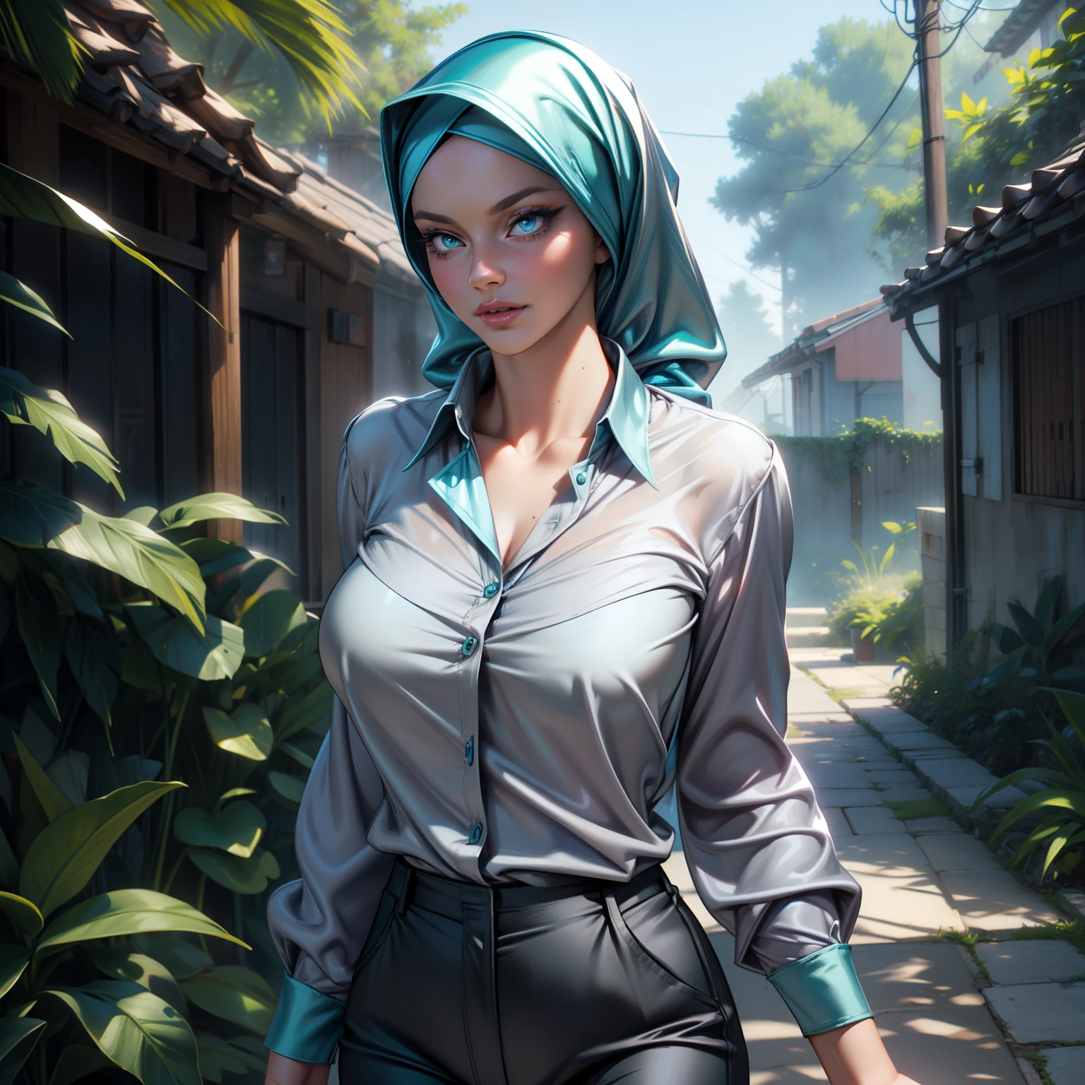 (Masterpiece: 1.5), (Best Quality: 1.5),1girl, solo, huge breasts, makeup, grey background, background, parted lips, upper body, lips, blue eyes, realistic, collarbone, lipstick, medium breasts, nose, eyeshadow, wearing (Teal satin hijab), ((gray satin long blouse shirt, satin trousers pants)), walking, garden, ultra-high details, perfect face, perfect eyes, subsurface scattering,3D realistic work, ultra high detail, 4k, octane rendering