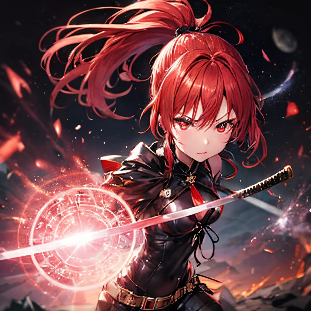 One girl'Esbian's body、Red-haired ponytail、Ahoge、Black bodysuit、Black Leather Glow Black Short Rack Tie Rack Boots、Glaring eyes、Red Eyes、closes mouth, Japanese Katana Sword、Red Sword Blade、 dynamic pose realistic, magical little golden world、Fantasy worldview、magic circle magic space background、Front perspective