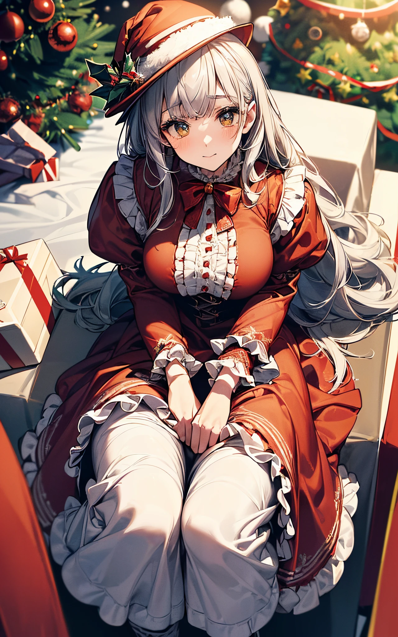 ((Composition seen from a low position))、Perfect human body、christmas night、(((He wore a Santa suit decorated with lots of frills.、victorian santa outfit)))、One lady、Profile close-up
(((Looking up at the huge Christmas tree)))、
(long skirt)、hair adornments、kirakira、tights、Falling snow、large hat