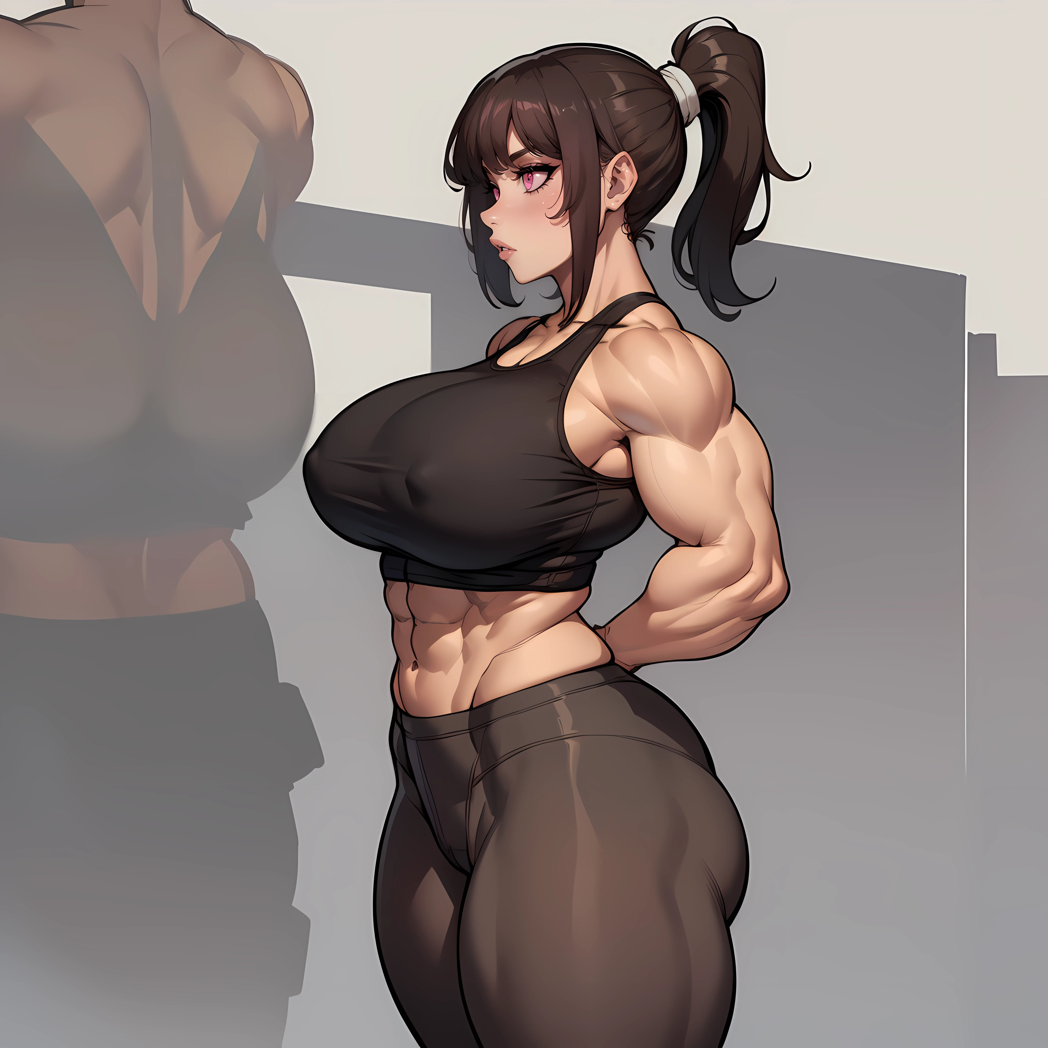 one female with short ponytail brown haircut, wearing yoga pants and a grey tanktop, thicc, alone, solo, (ALONE)(SOLO), blank backround, ((((huge muscles))))