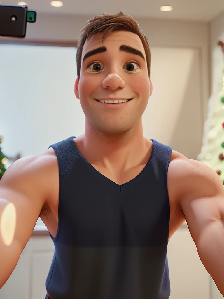 Disney Pixar style image with a man taking a selfie in front of a Christmas tree, a noite, With a tree in the background and flashing lights, holiday season, feliz