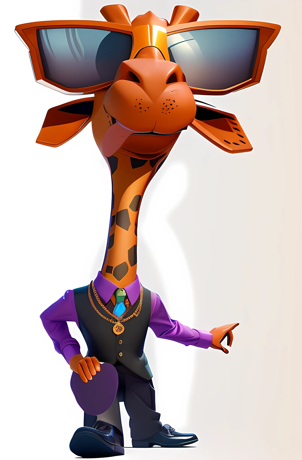 cartoon giraffe with sunglasses and purple shirt and tie, arte conceitual zootopia, personagem de desenho animado, anthropomorphic character, estilo de filme zootopia, Estilo Zootopia, Iconic character of high detail, animation character, long neck, no estilo da disney zootopia, Estilo Zootopia, personagem do filme, Estilo Zootopia, toon render keyshot, Caractere mesclado