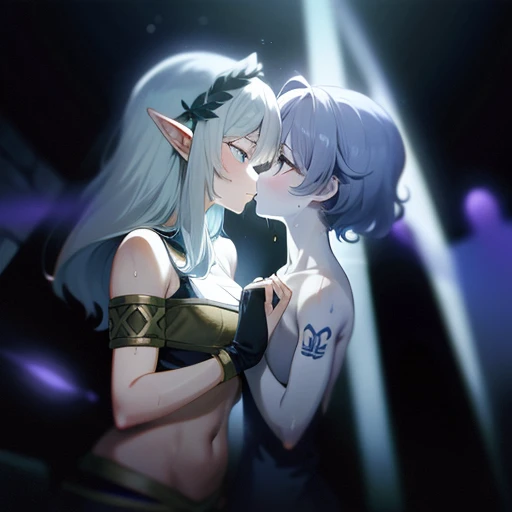 A tall and beautiful elf woman, light blue glowing eyes, cold expression, proud posture, chest up, lavender skin, purple facial tattoos, silver tied hair, exposed chest, exposed shoulders , showing her navel and thighs, looking up at the camera, with sweat on her body, her wet body, in a medieval inn.