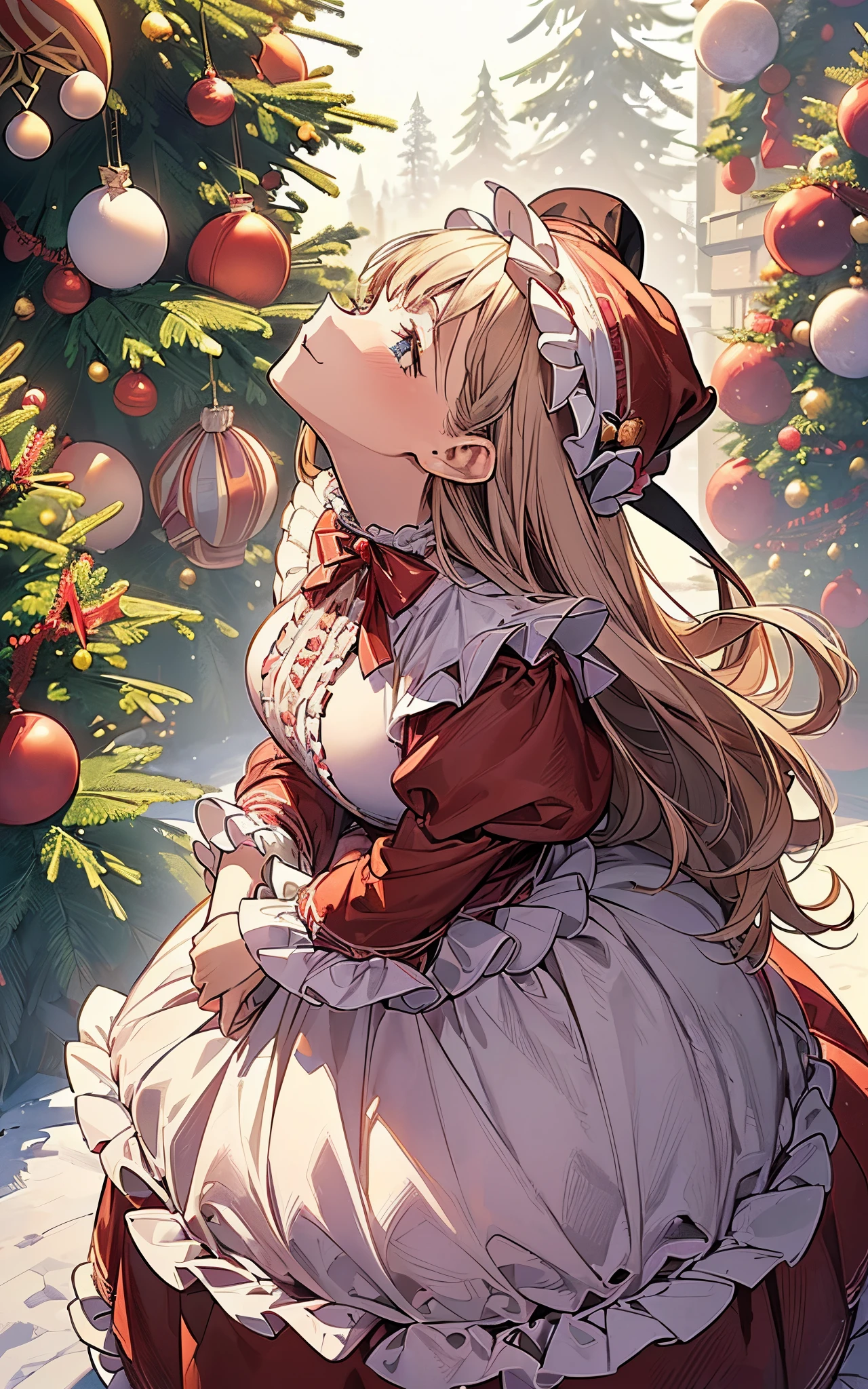 ((Composition seen from a low position))、The theme is pink、Perfect human body、christmas night、(((He was wearing a Santa suit with lots of frills..、victorian santa costume)))、One lady、Profile close-up
(((Looking up at the huge Christmas tree)))、A slight smil
(long skirt)、hair adornments、kirakira、tighten the snow、large hat