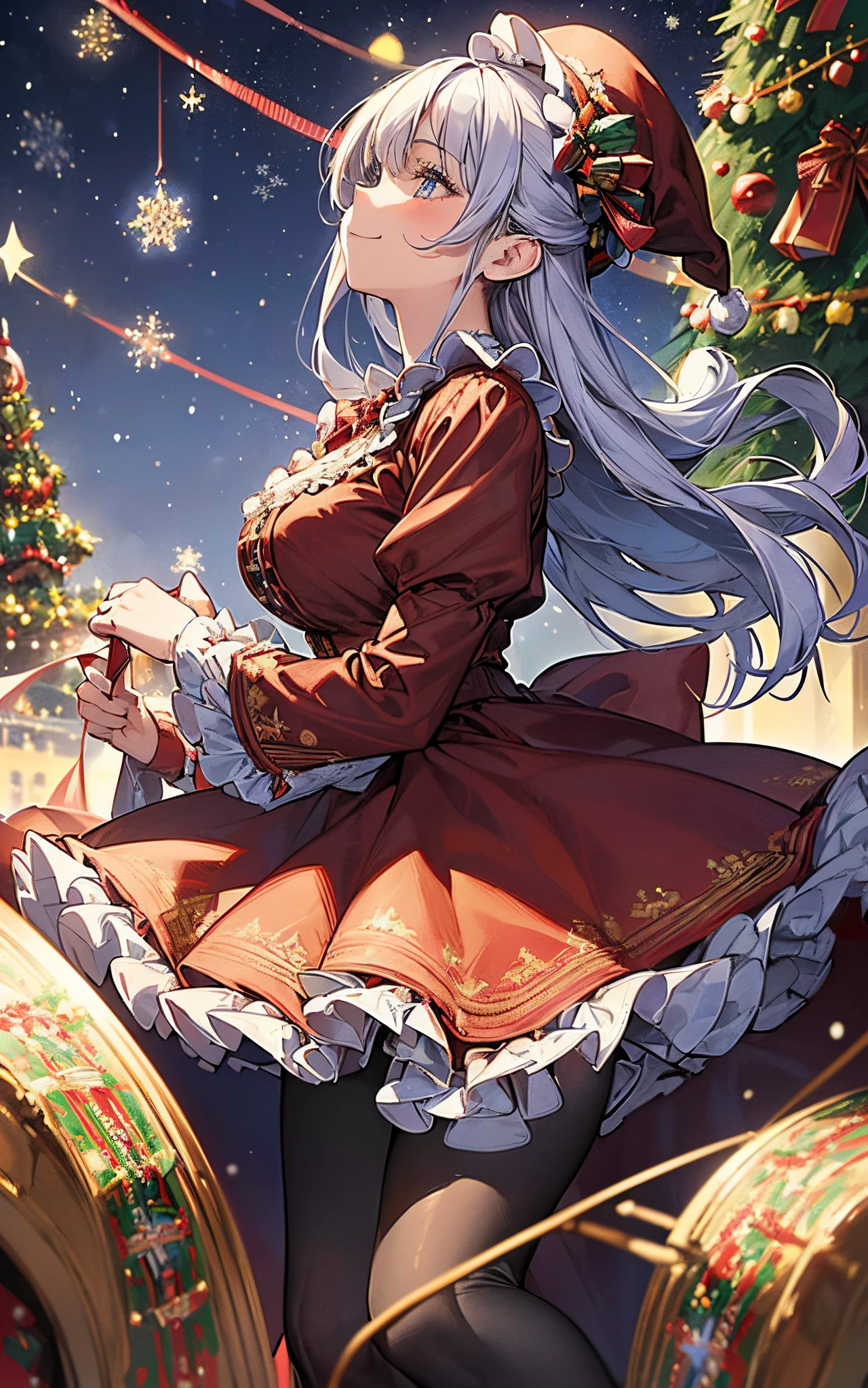((Composition seen from a low position))、Theme is blue、Perfect human body、christmas night、(((He wore a Santa suit decorated with lots of frills.、victorian santa outfit)))、One lady、Profile close-up
(((Looking up at the huge Christmas tree)))、A slight smil
(long skirt)、hair adornments、kirakira、Black tights、Falling snow、large hat