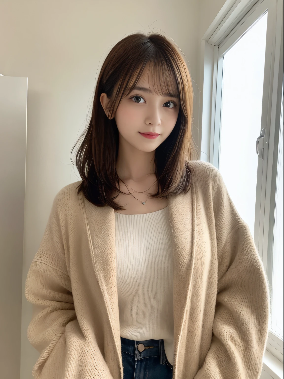 masutepiece, Best Quality, Illustration, Ultra-detailed, finely detail, hight resolution, 8K Wallpaper, Perfect dynamic composition, Beautiful detailed eyes, Medium Hair, Natural Color Lip, Random Poses,Smile,30-year-old girl、Autumn clothes、Winter clothes、Simple Necklace、Winter clothes、white walls、Taken in front of the white door、(white wall room with window)、dye the inside of your hair yellow、Inner hair color、unusual hair color、Face Framing、face framing hair color