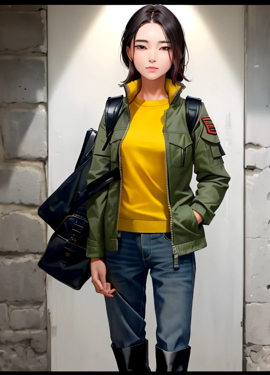 obra-prima, melhor qualidade, mulher, centauro, extemely detalhado, olhando para o espectador, , alto, corpo inteiro, 1girl, solo, militar, Tactical Jacket, cinto, mochila, saco de sela, botas longas em um quarto