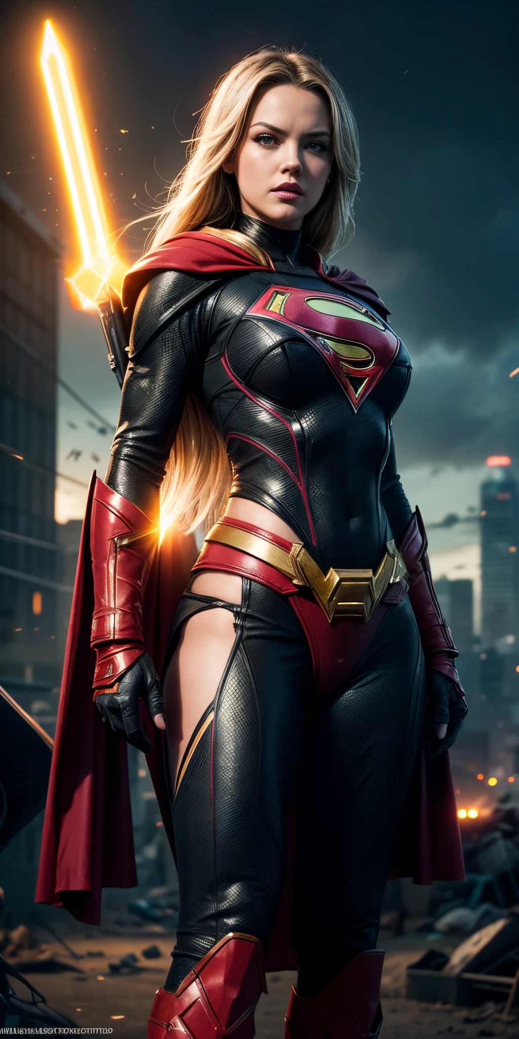 midshot, cel-shading style, centered image, ultra detailed illustration of Alexis Texas, (tetradic colors), full body, inkpunk, ink lines, light particles, strong outlines, art by MSchiffer, bold traces, parted lips, Supergirl, pele brilhante, ((Detalhes super realistas))、red cape, portlate、global ilumination、sombra、Octane Representation、8k、ultrasharp、Luz de borda de caractere, Seios grandes, big booty、Raw skin is exposed on the neckline、Apocalyptic city in the background, Detalhes de ornamentos complexos、Transparent acrylic parts cover、Detailed hydraulic cylinders、small LED lamp、Detalhes muito intrincados、Luz realista、olhos radiantes、in front of camera、Neon details, mais alta qualidade、obra prima、超A high resolution、(fotorrealista:1.4)、Foto RAW