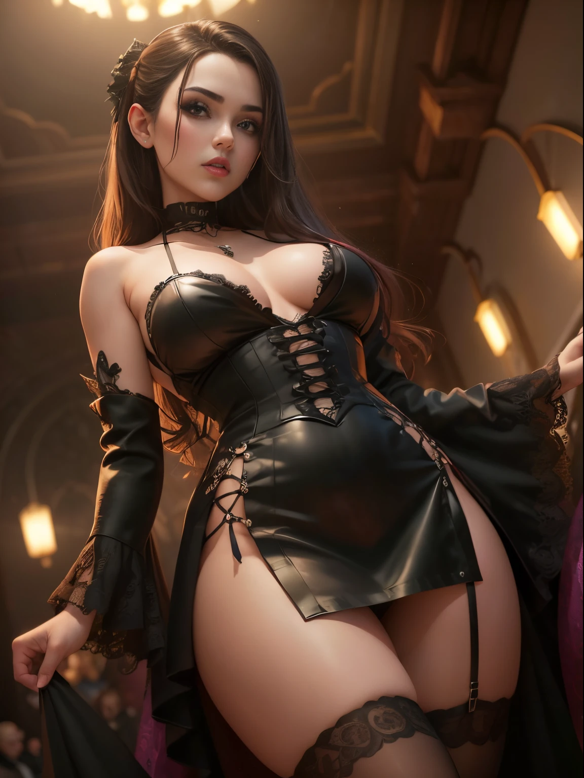 Wide angle photo of an attractive young seductress wearing gothic clothes and a sexy mini skirt, olhando para cima, Intimate facial expression, quente, vista de cima, fundo de stands votivos da igreja, lighting dramatic, arte conceitual, Motor Unreal 5, RTX, ray tracing, fotorrealista